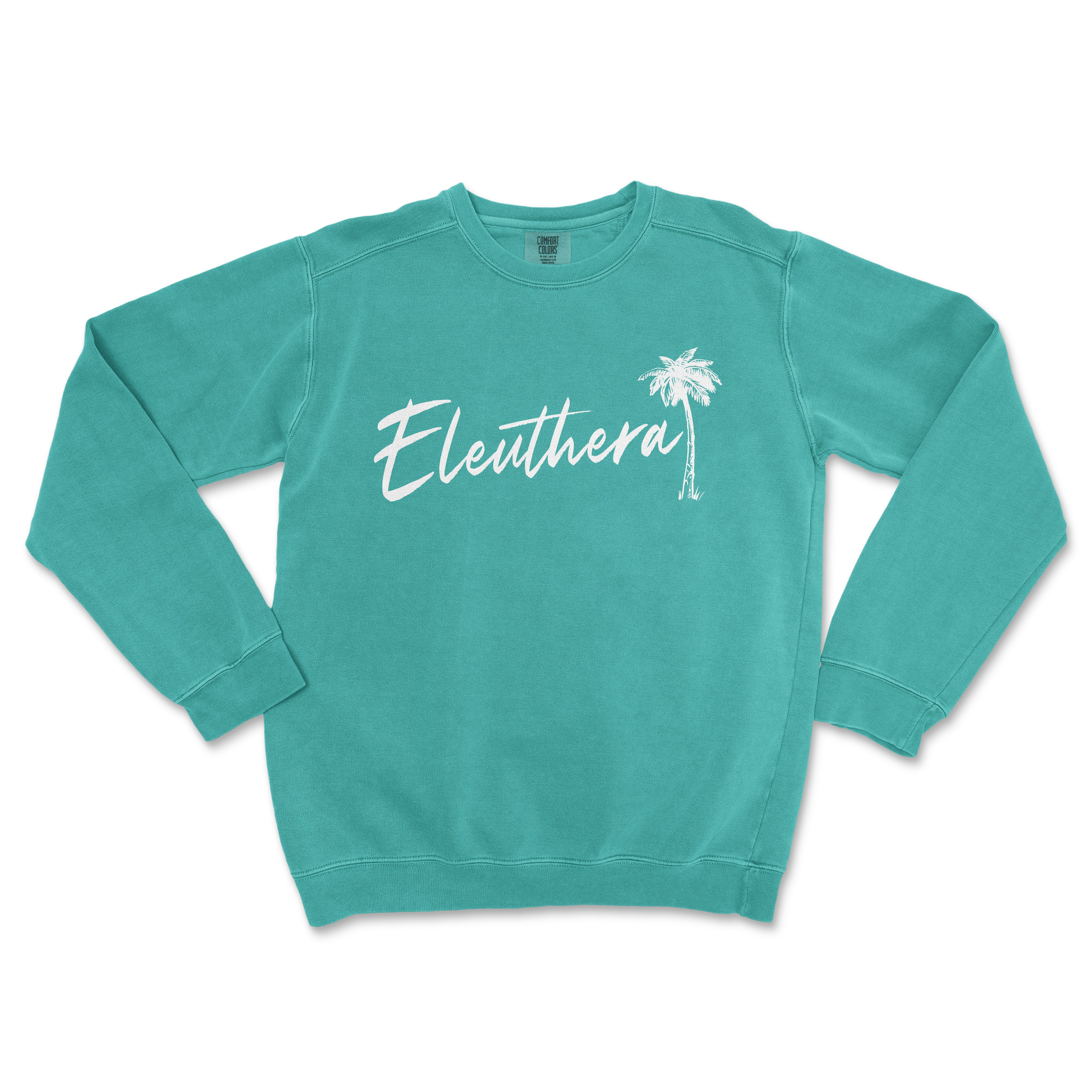 a green sweatshirt with the word eleuthera written in white