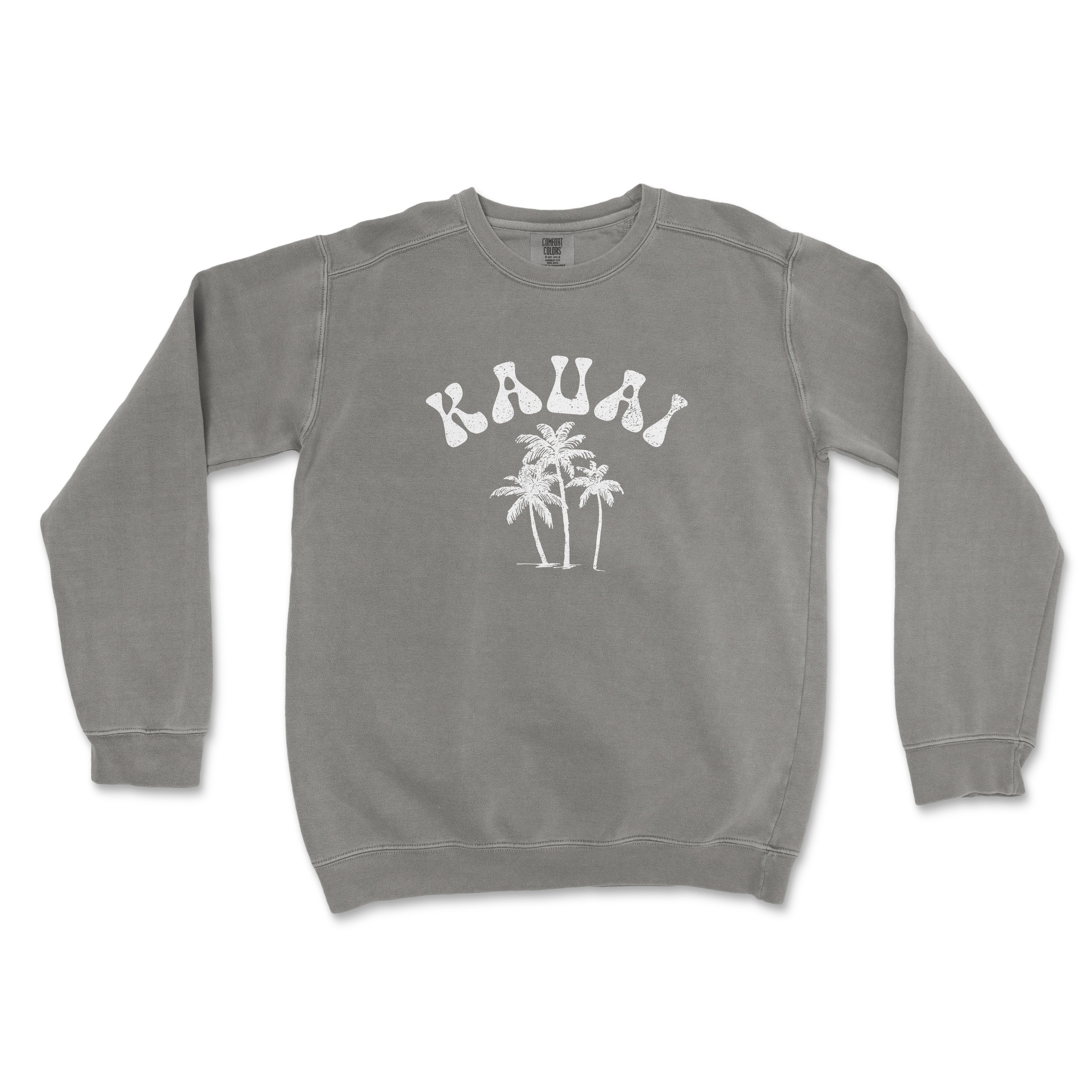 a gray sweatshirt with palm trees and the words kaua on it