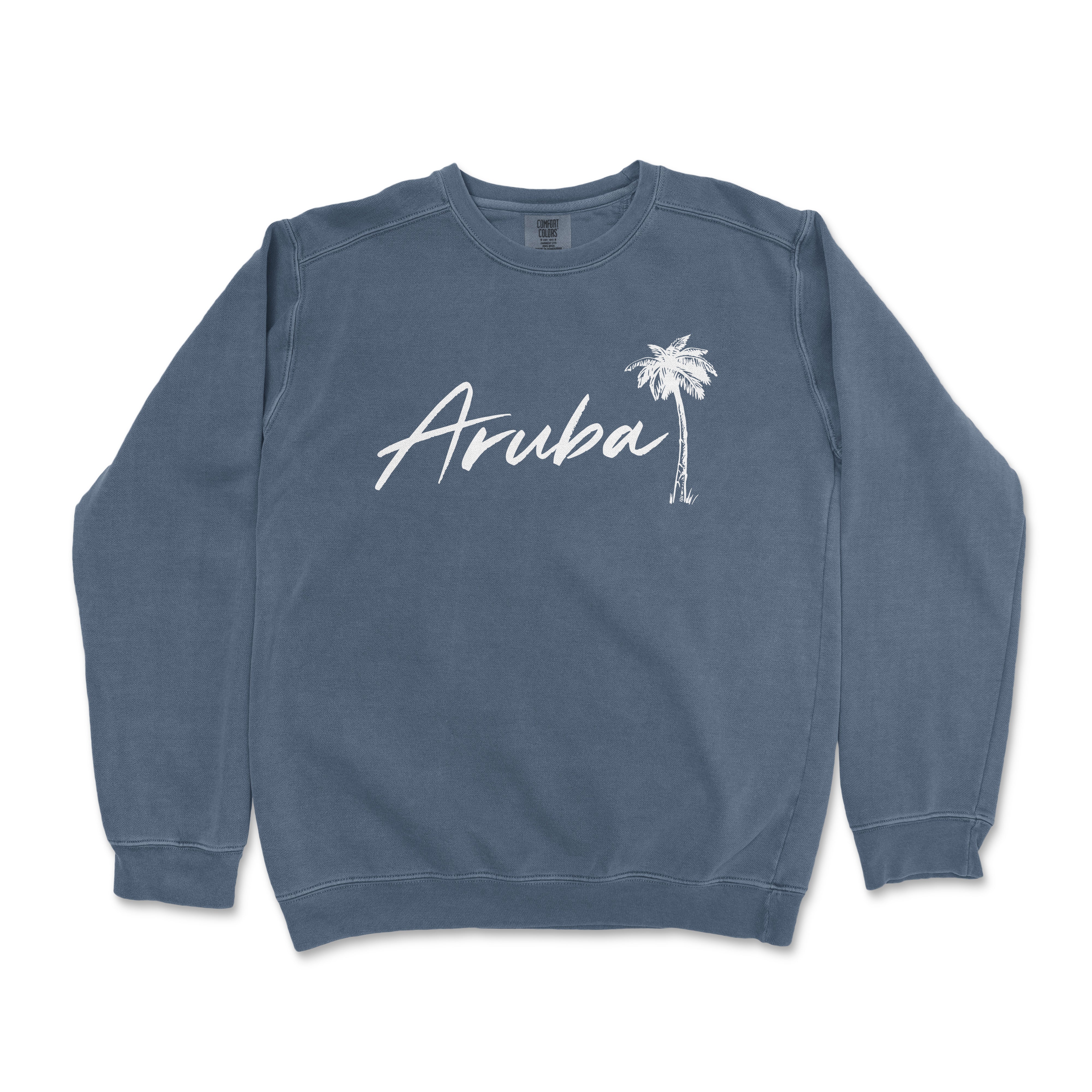 a blue sweatshirt with the word aruba on it