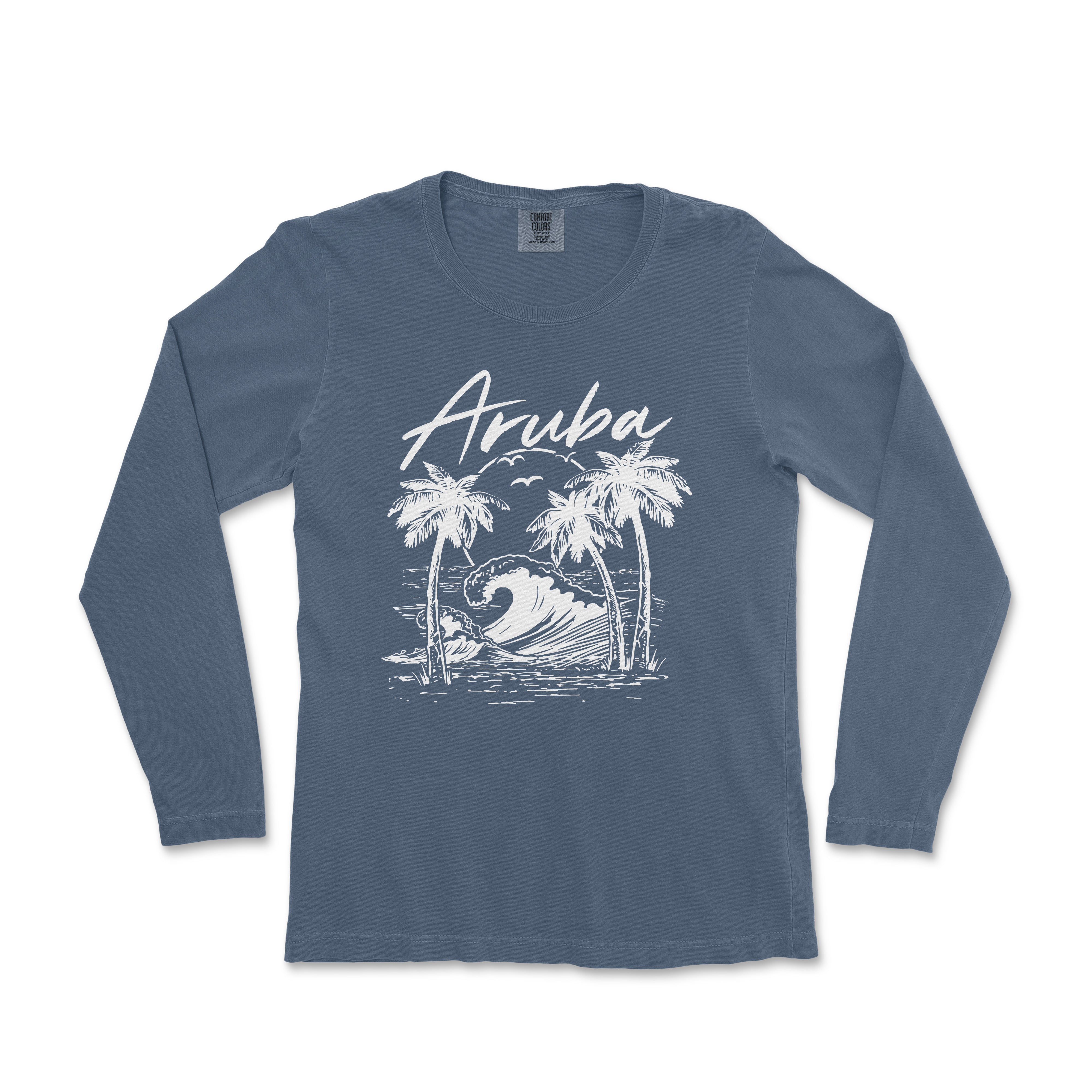 a women's long sleeve shirt with an image of a wave and palm trees