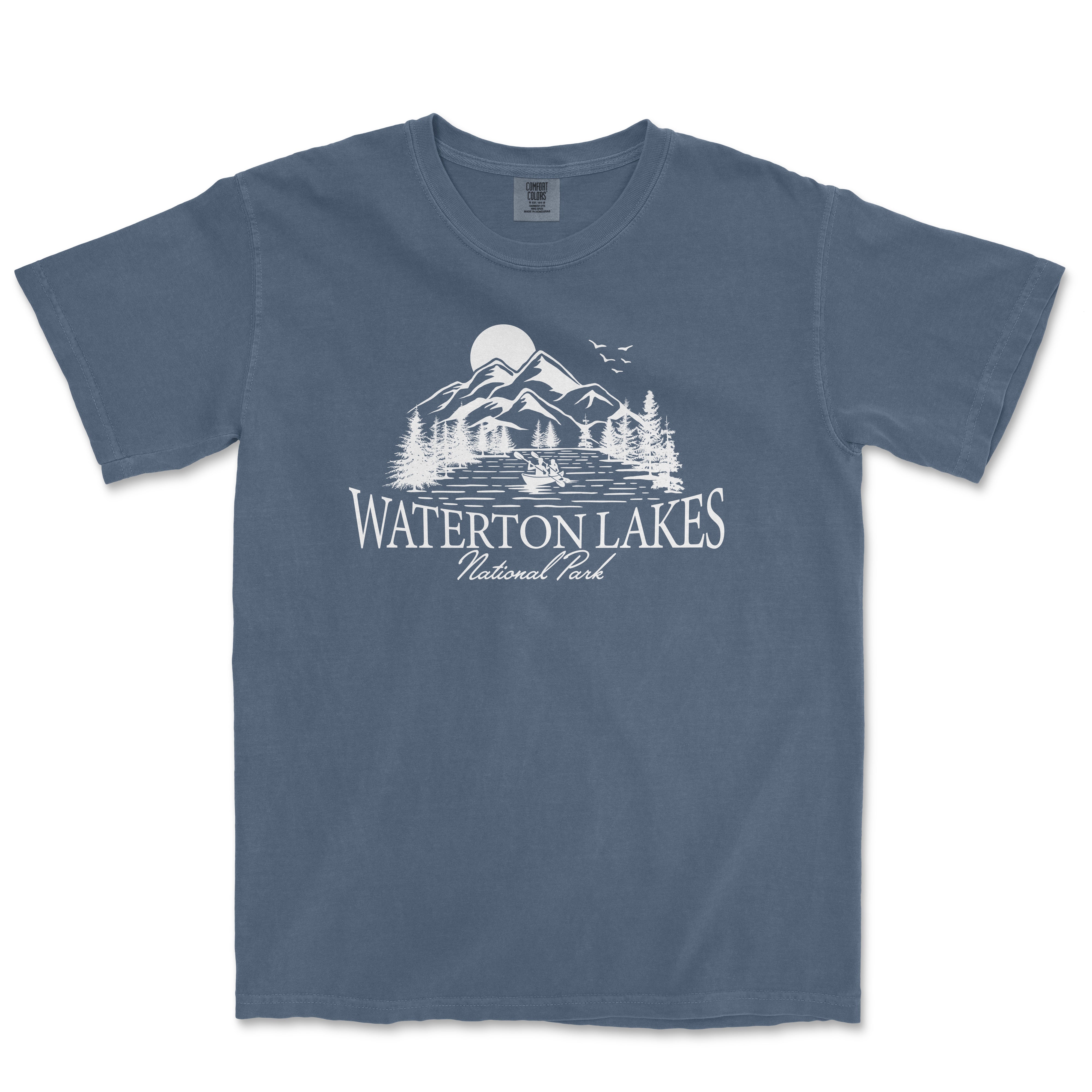 a blue t - shirt with the words waterfront lakes printed on it