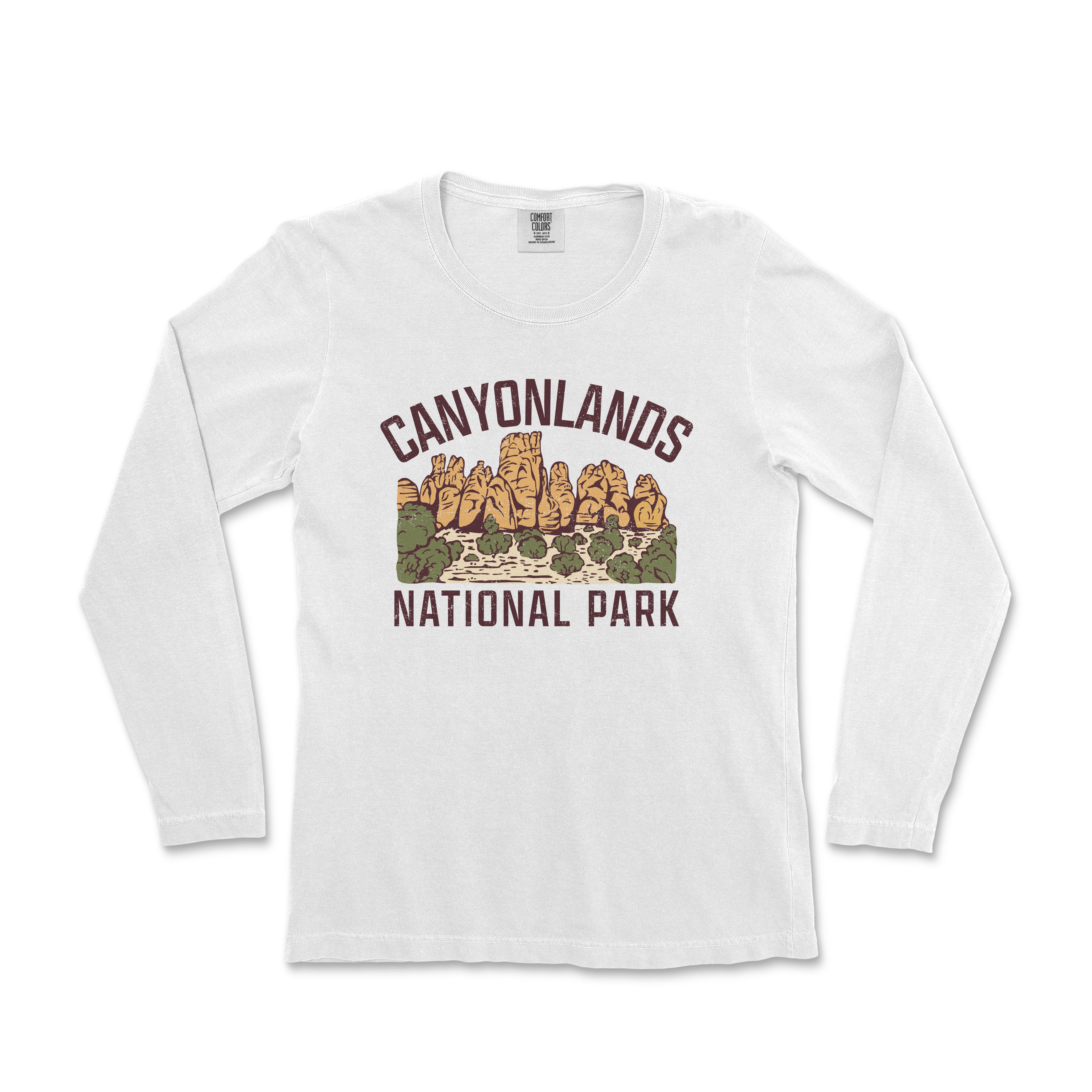 a white long sleeve shirt with the words canyonlands national park on it