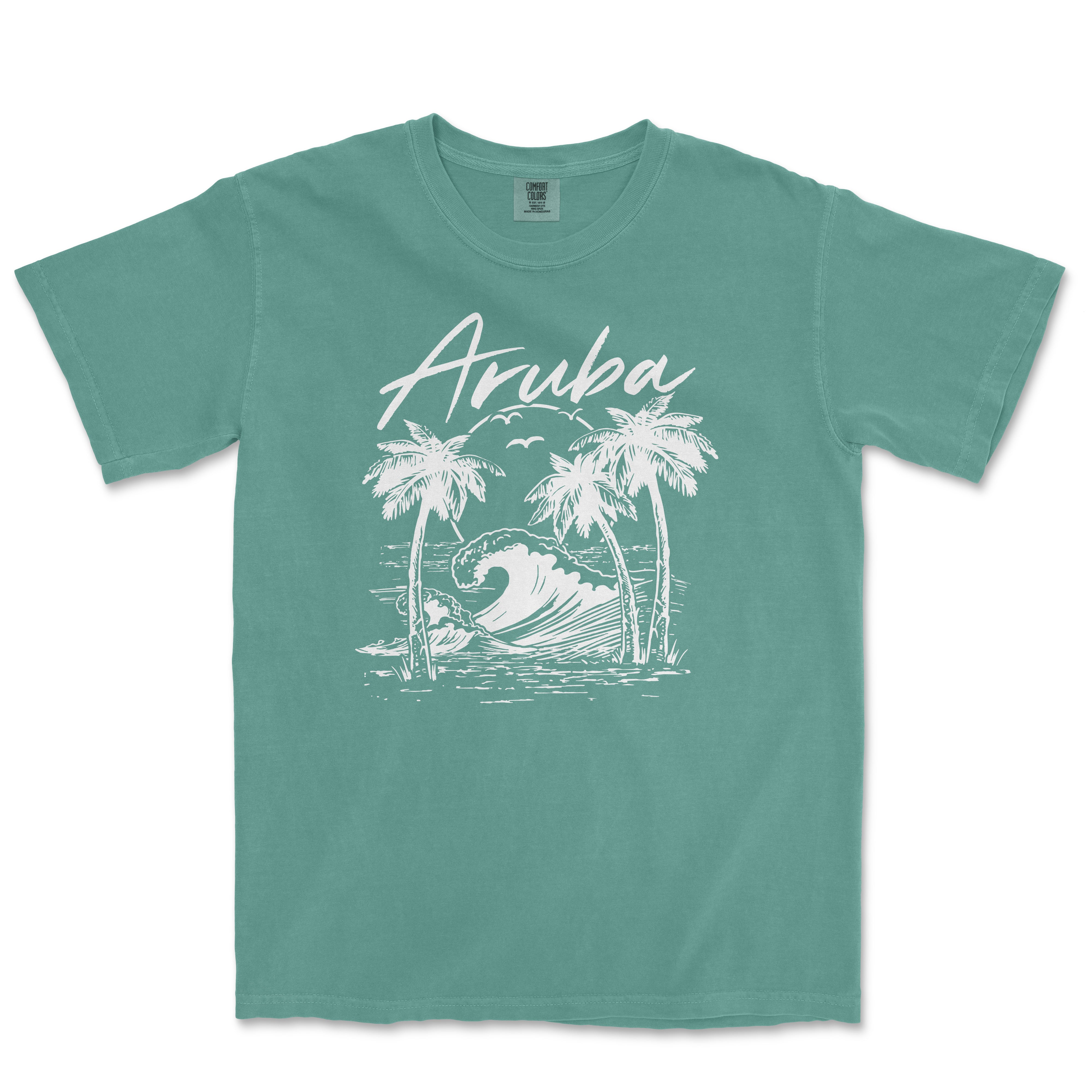 a green shirt with an image of a wave and palm trees