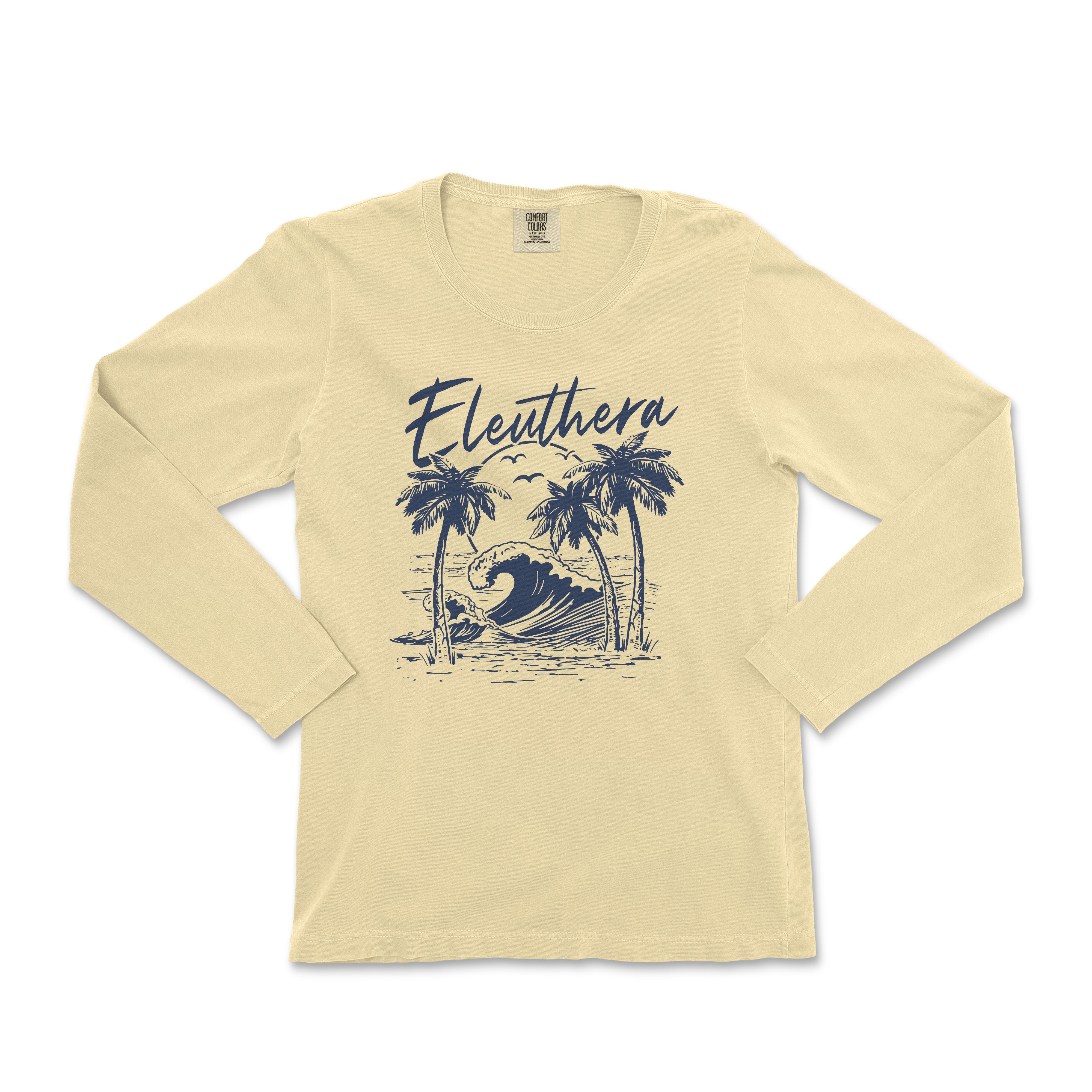 a women's long sleeve shirt with a graphic of a wave and palm trees