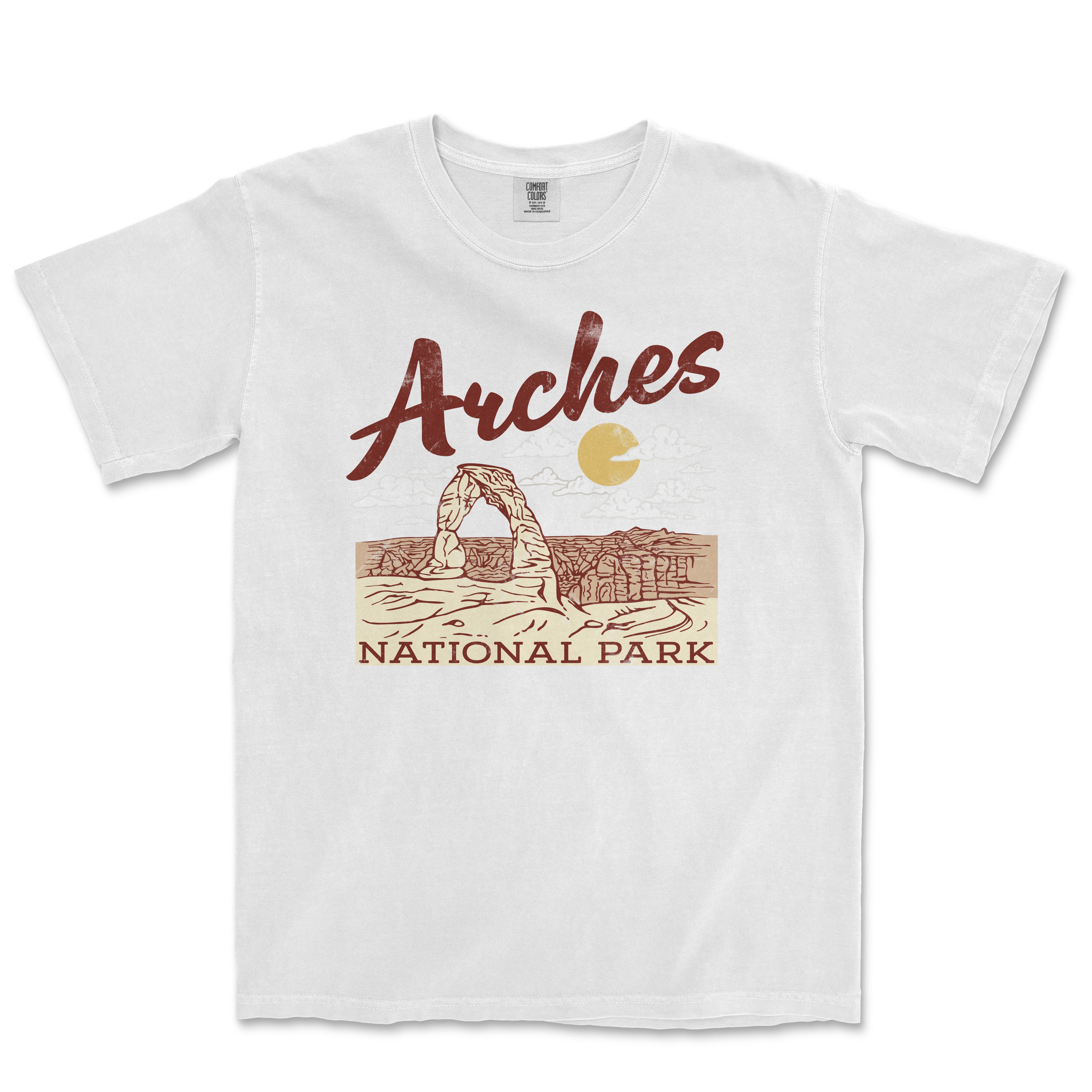 a white t - shirt with arches national park on it