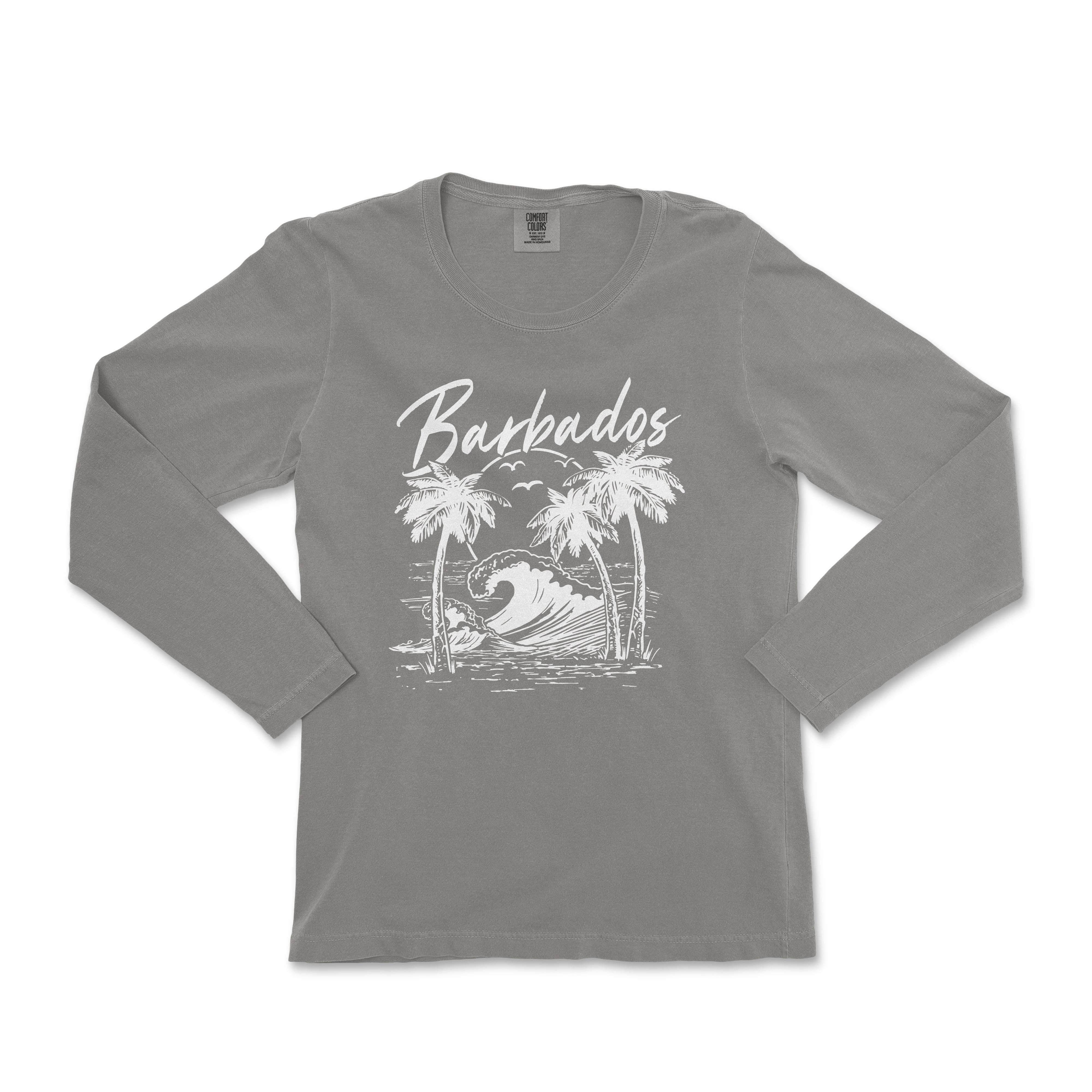 a women's long - sleeved shirt with a palm tree and surfboard