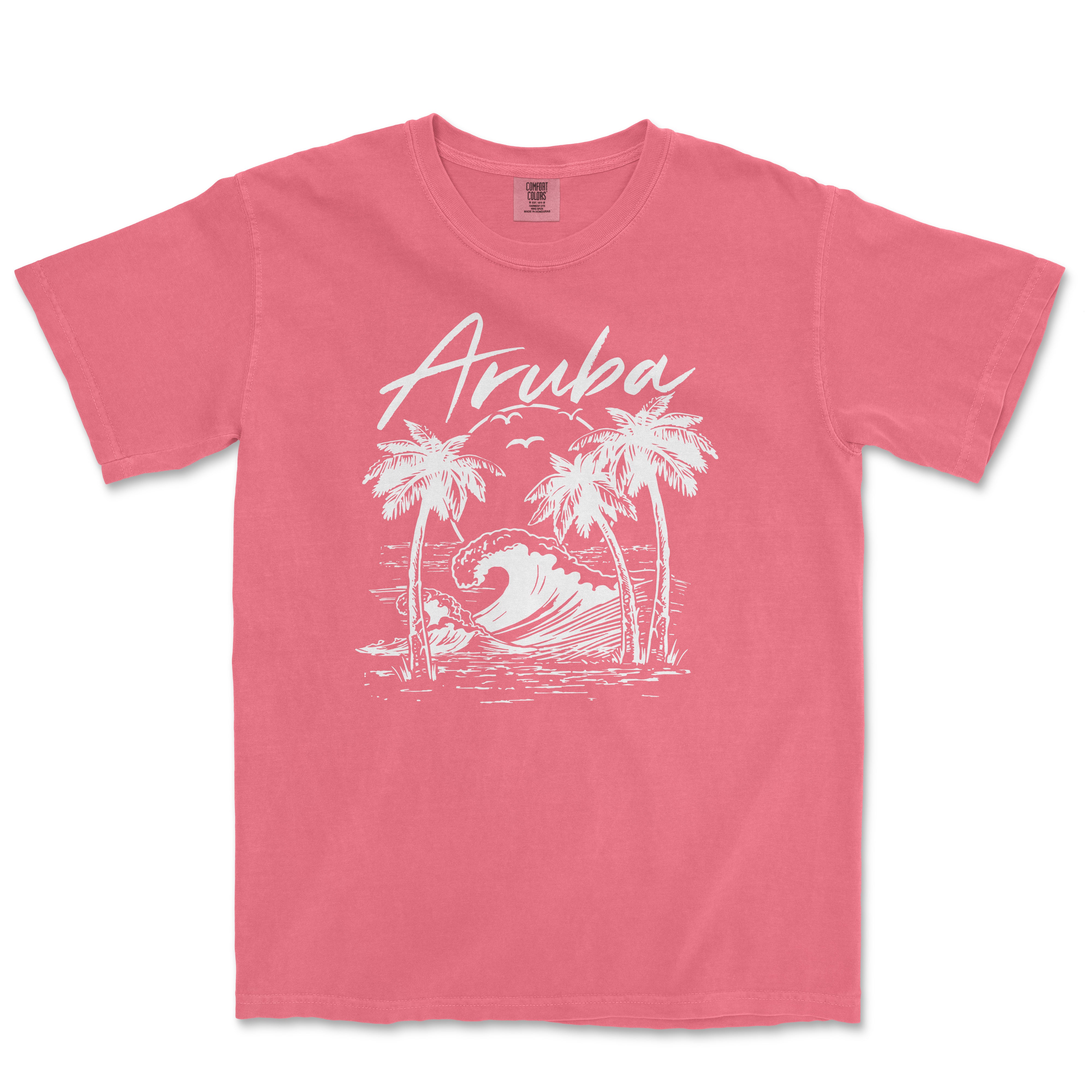 a pink shirt with an image of a wave and palm trees