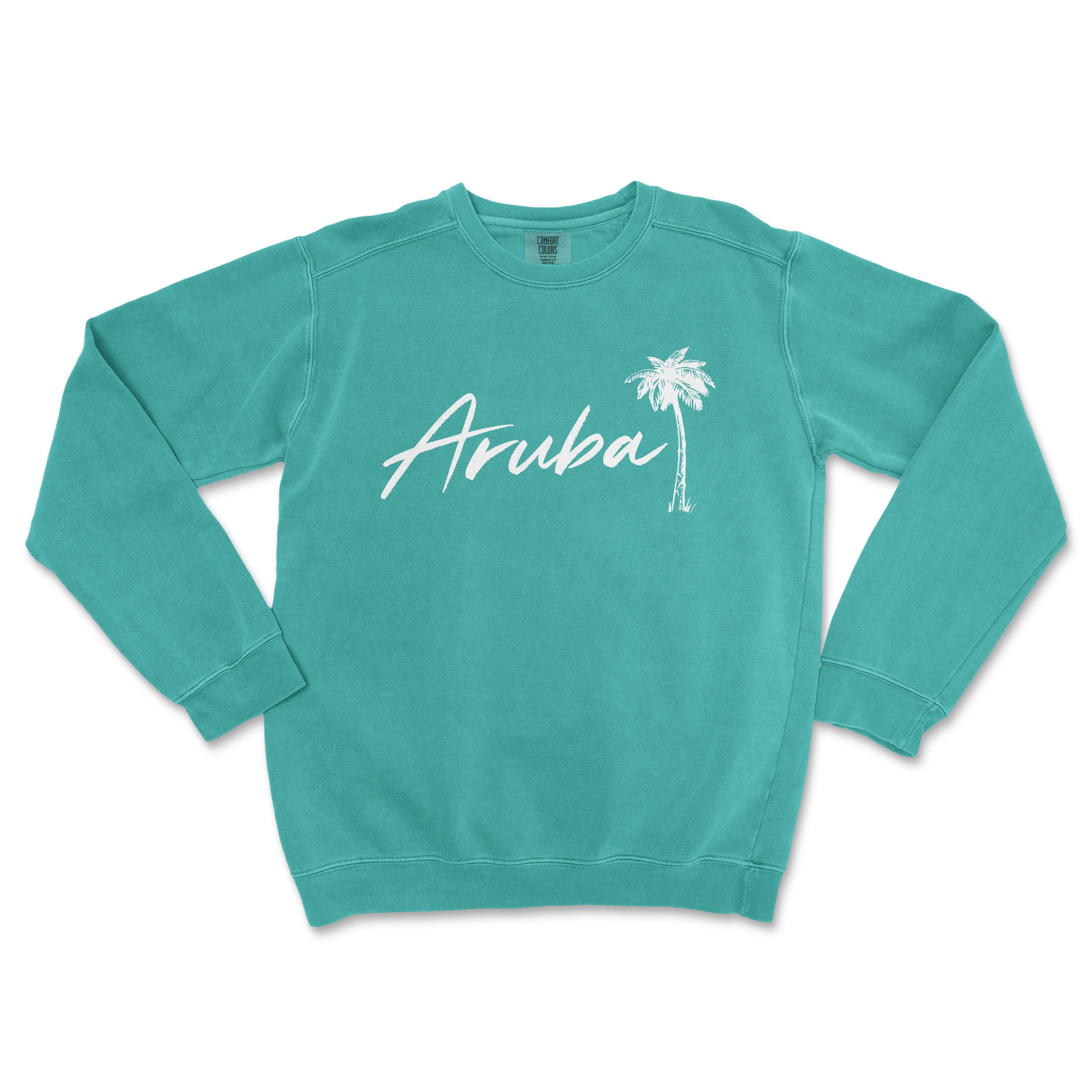 a turquoise sweatshirt with a palm tree and the word aruba on it