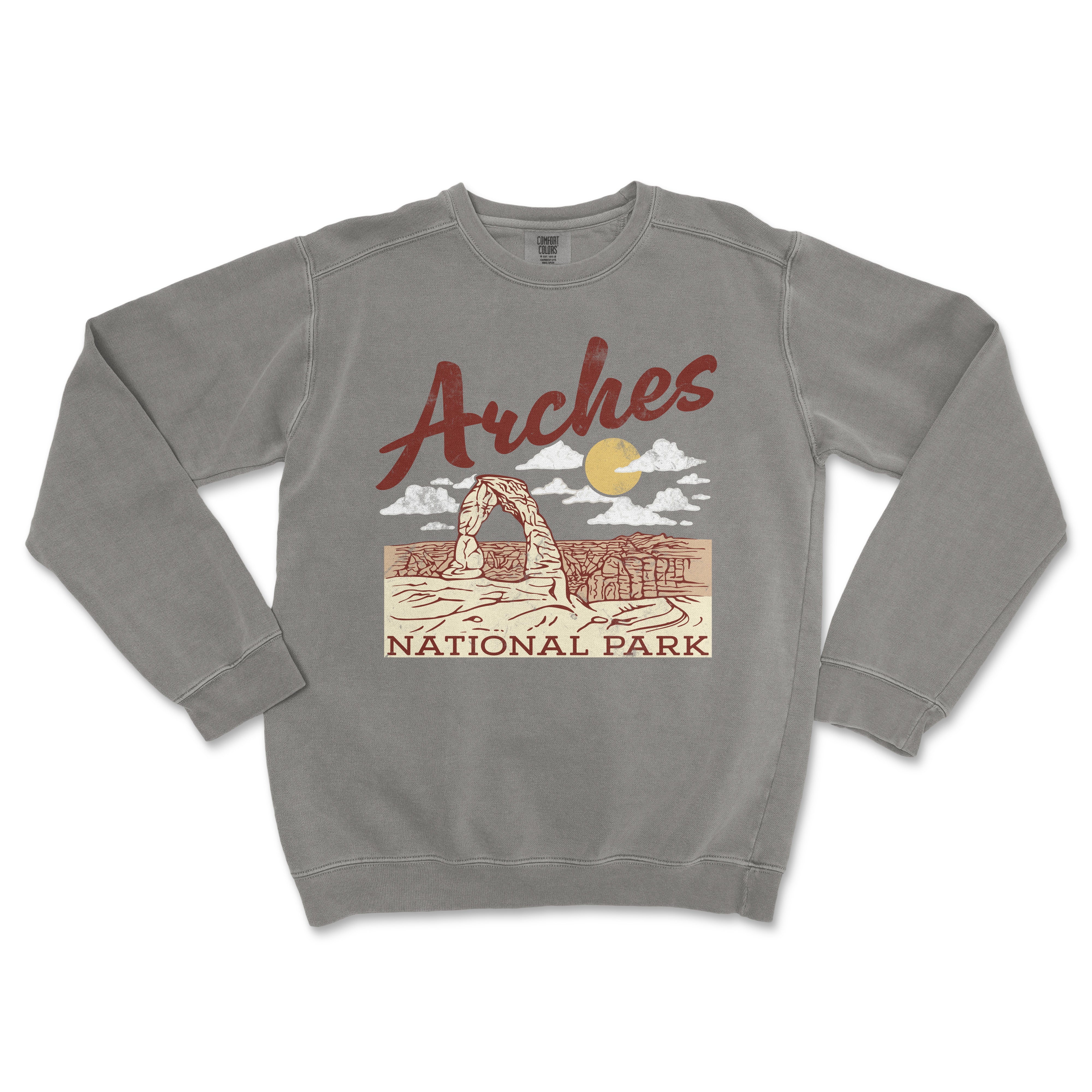 a grey sweatshirt with arches national park on it