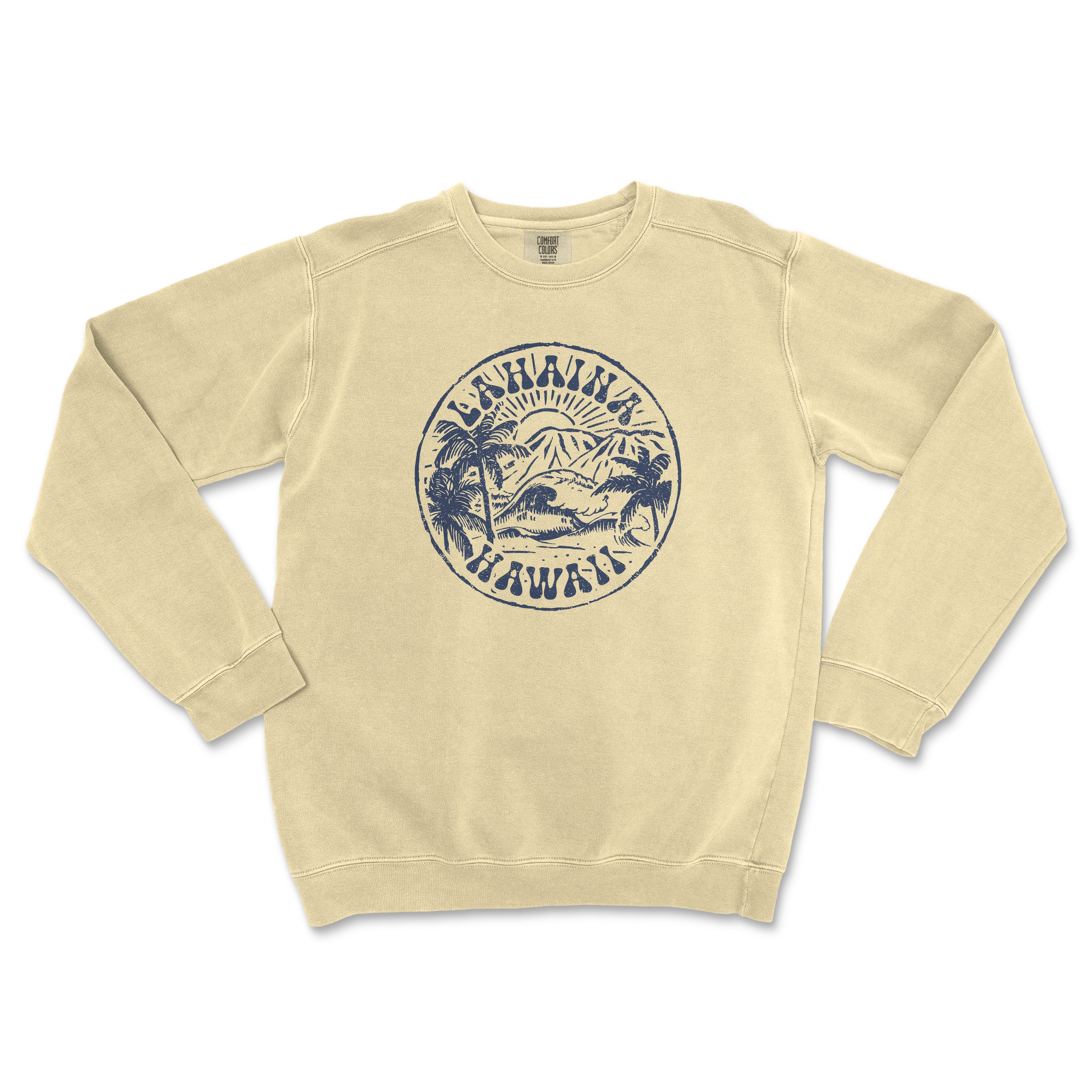 a cream sweatshirt with a blue and white logo