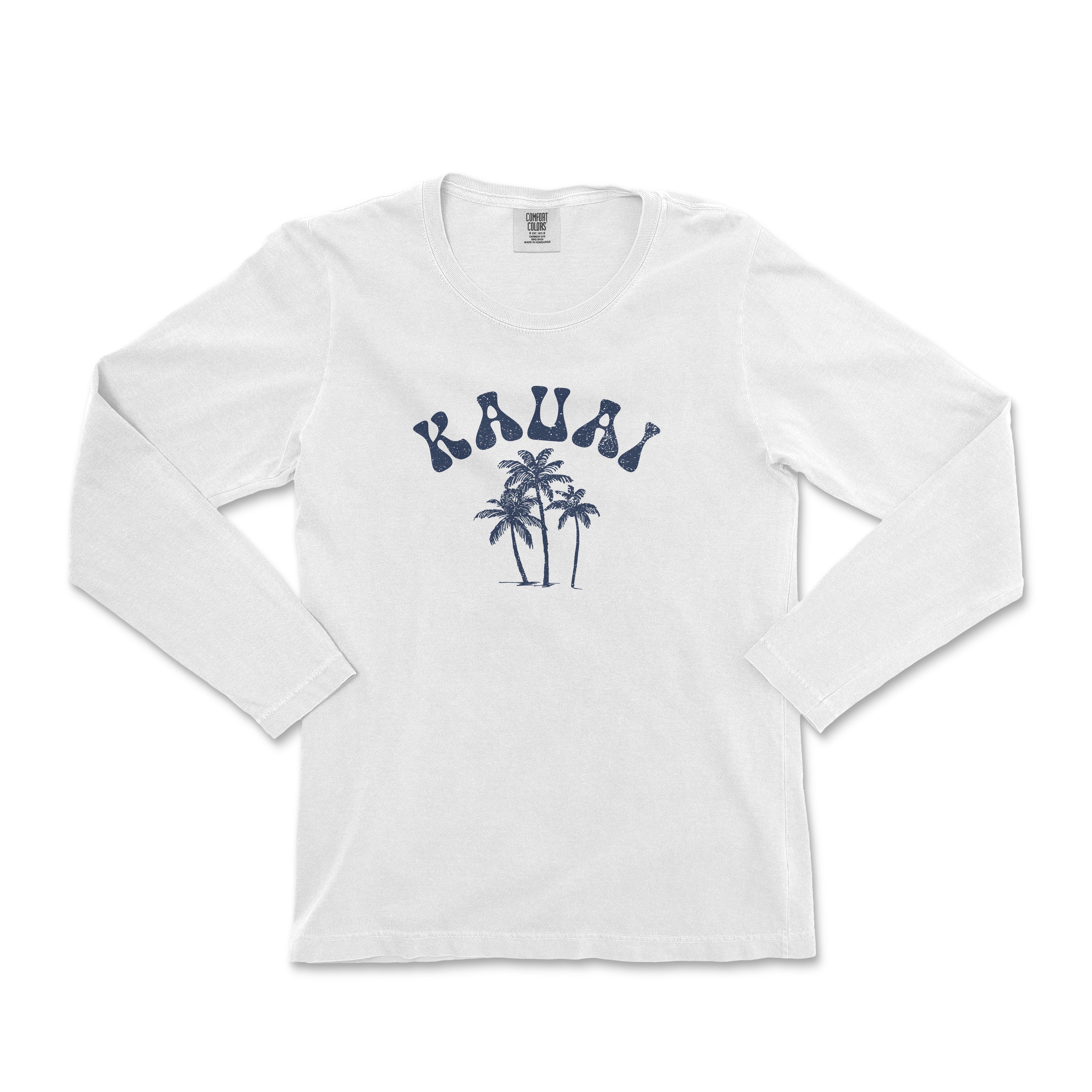 a white long sleeve shirt with palm trees on it