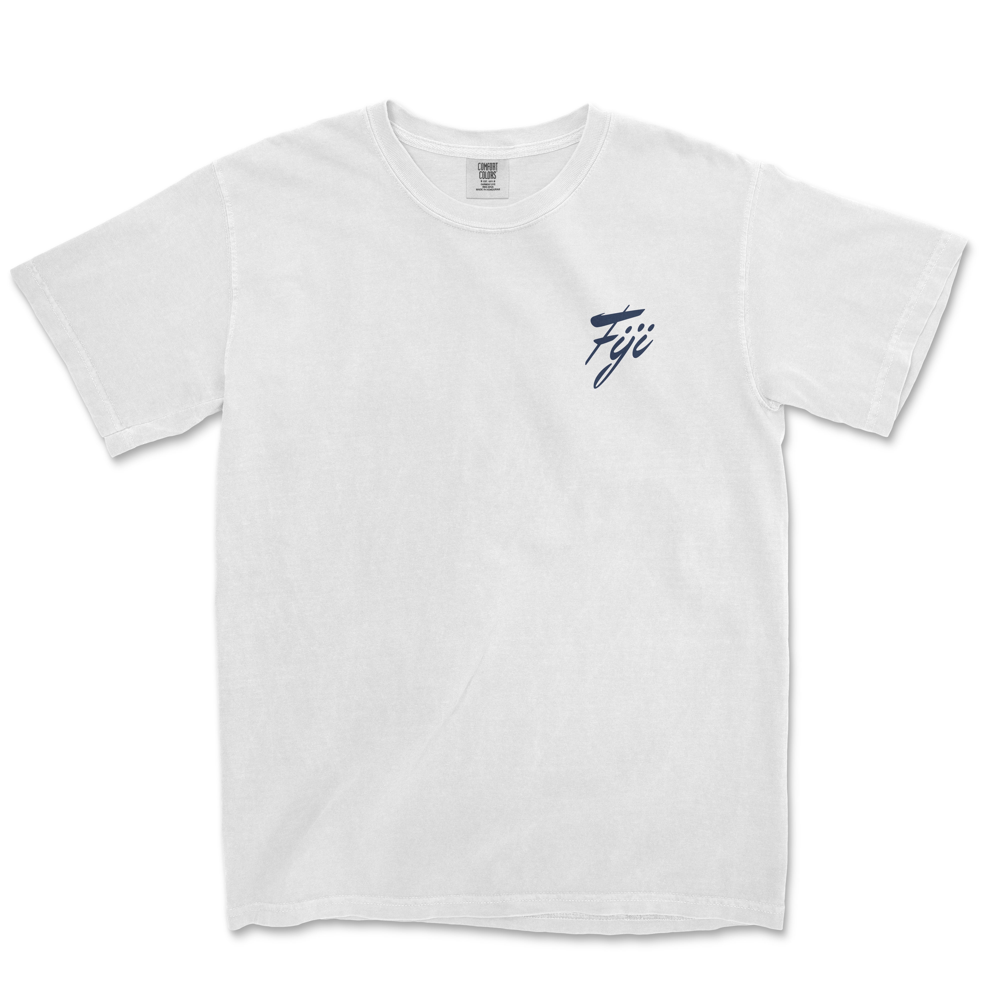 a white t - shirt with a blue logo on the chest