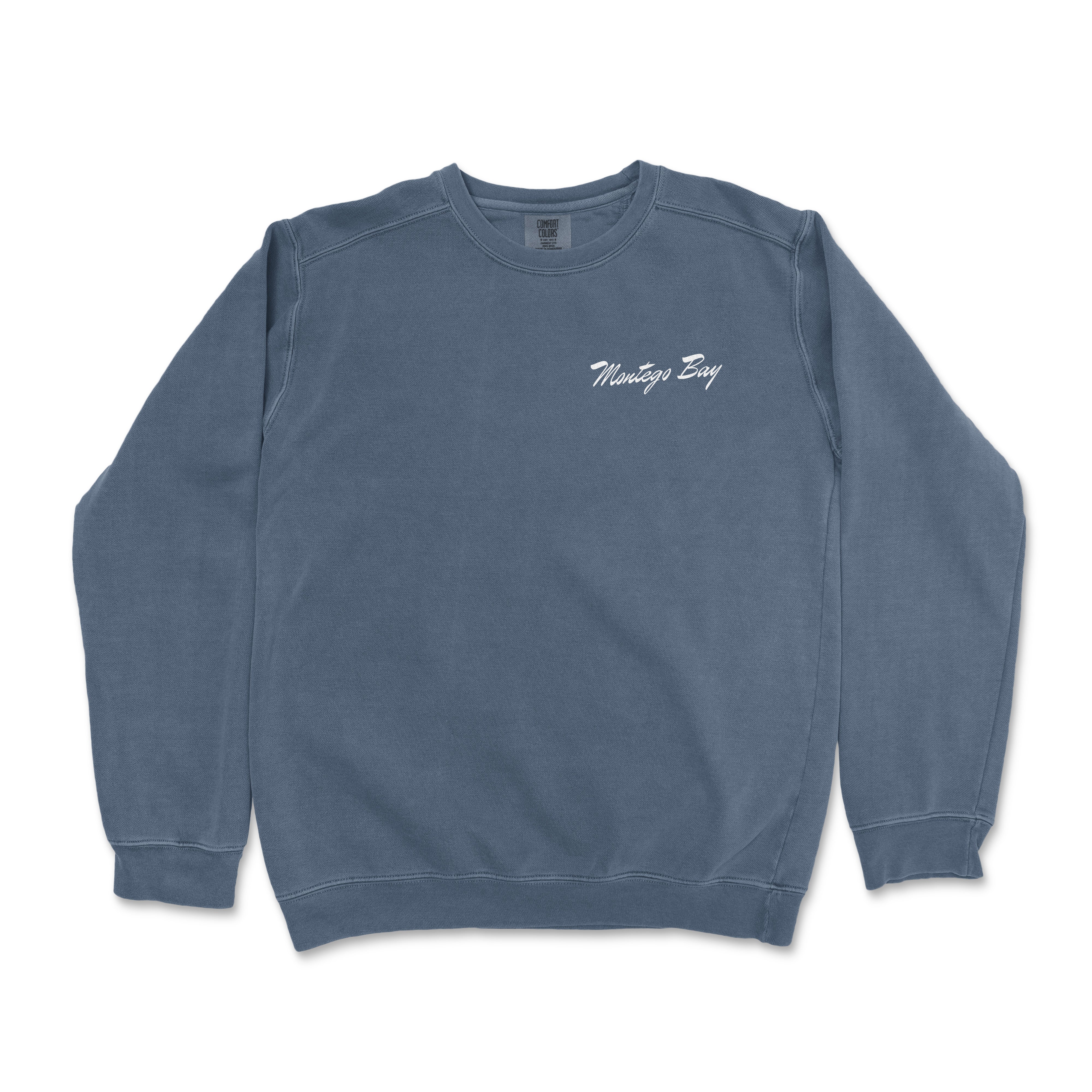 a blue sweatshirt with a white embroidered logo