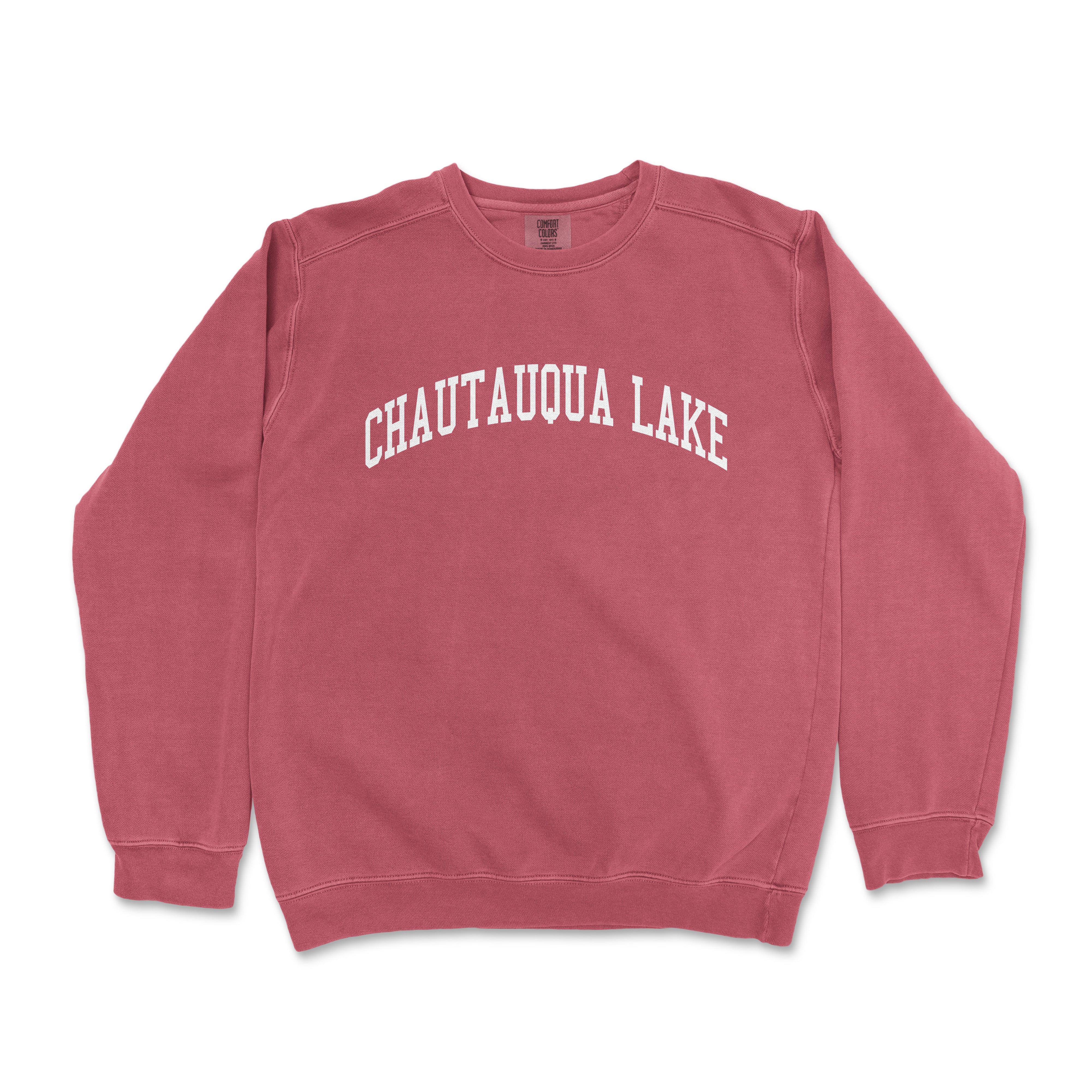 a red sweatshirt with the words chautaqua lake printed on it