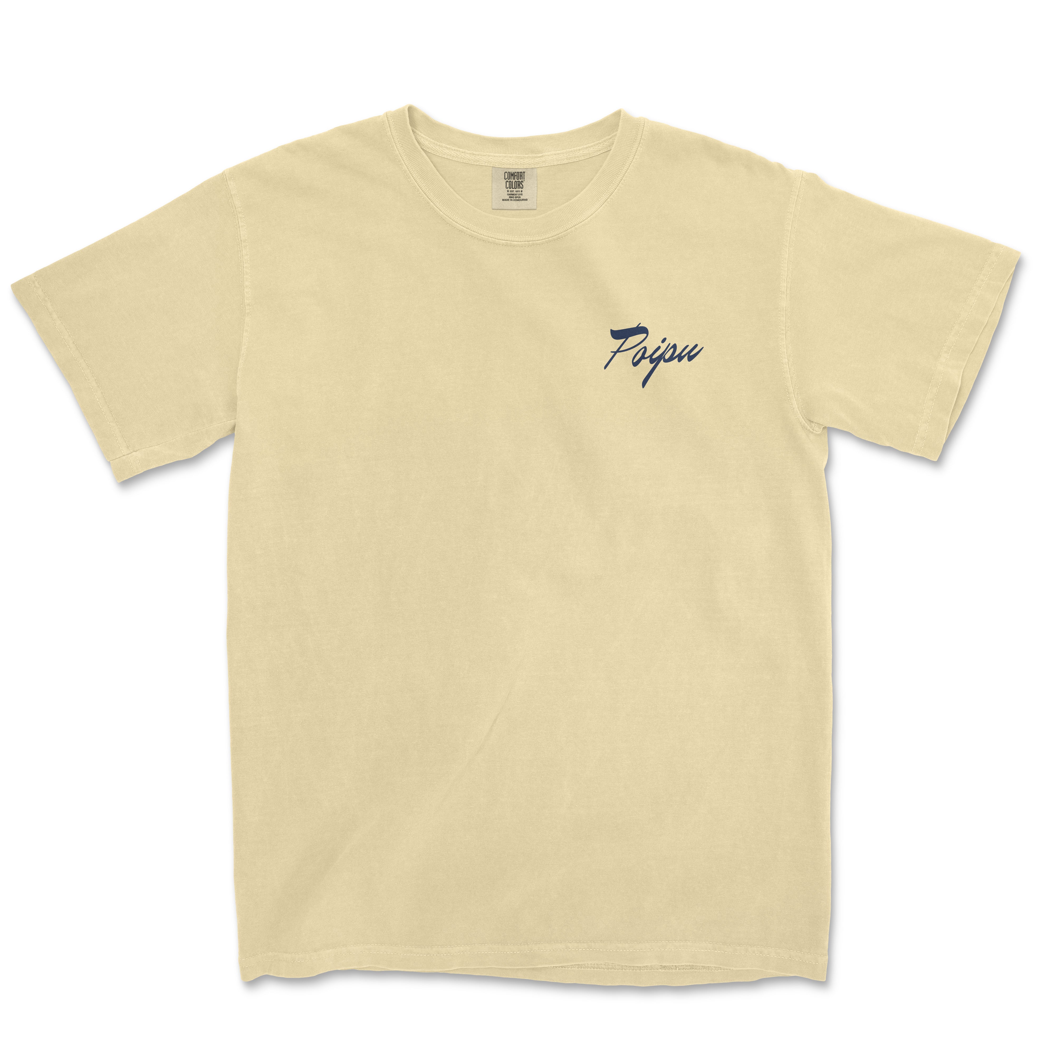 a yellow t - shirt with a blue logo on it