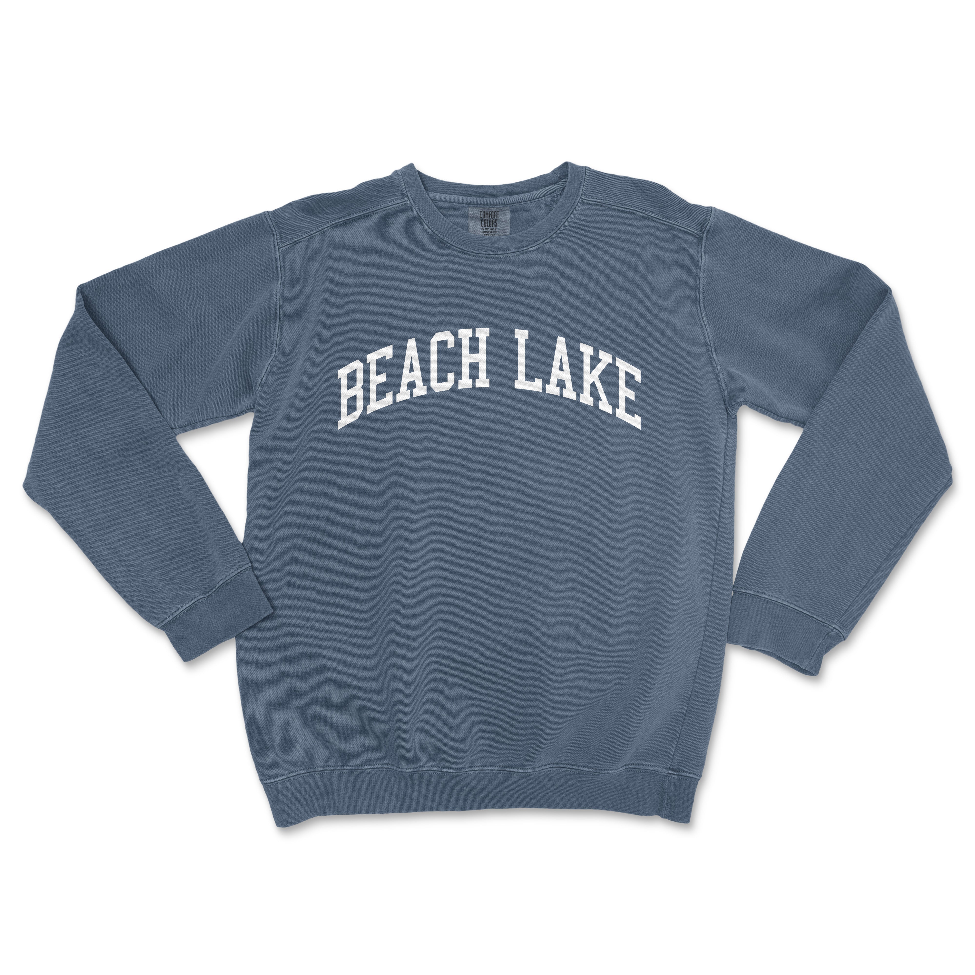 a blue sweatshirt with the word beach lake on it