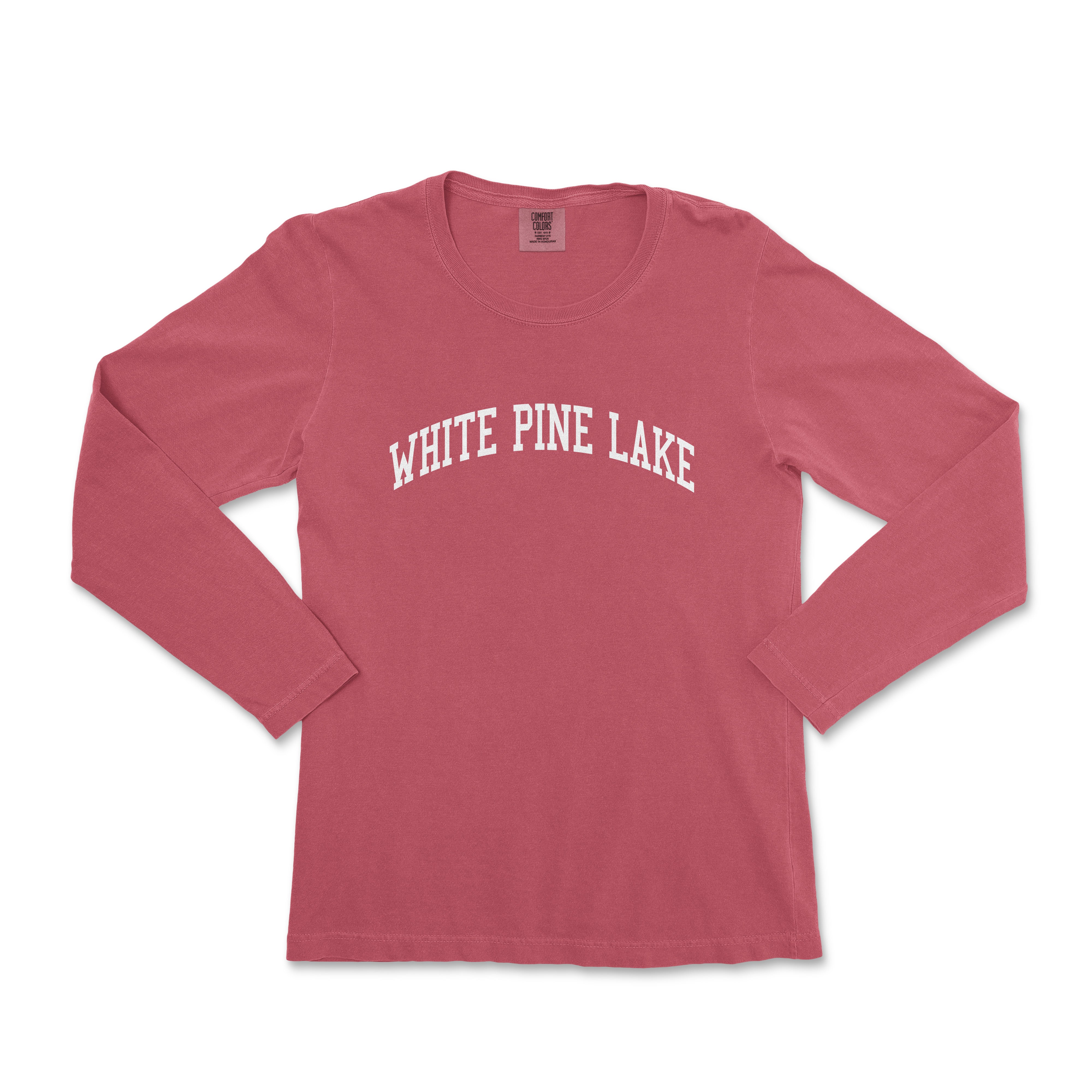 a red shirt with white pine lake on it