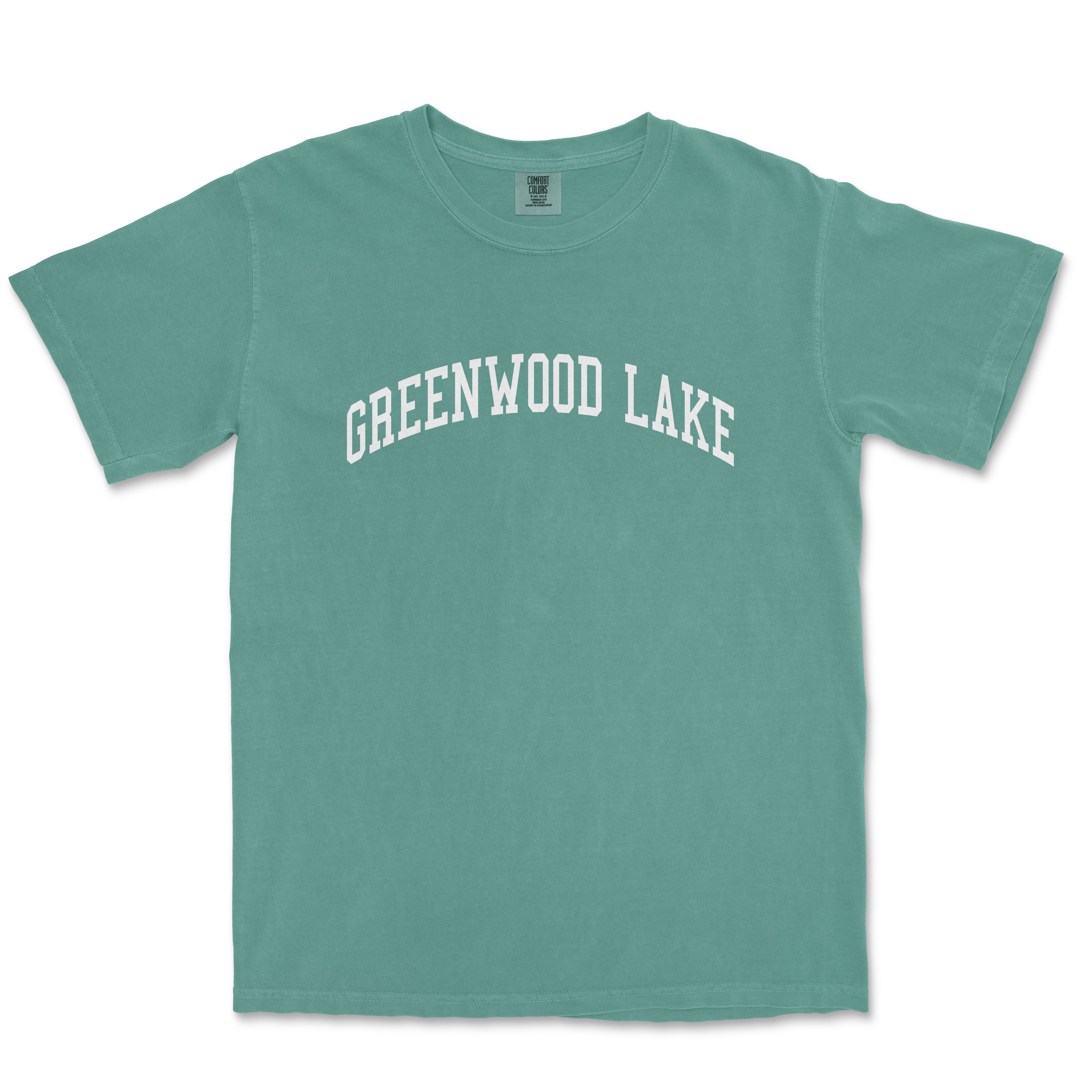 a green t - shirt with the words greenwich lake on it