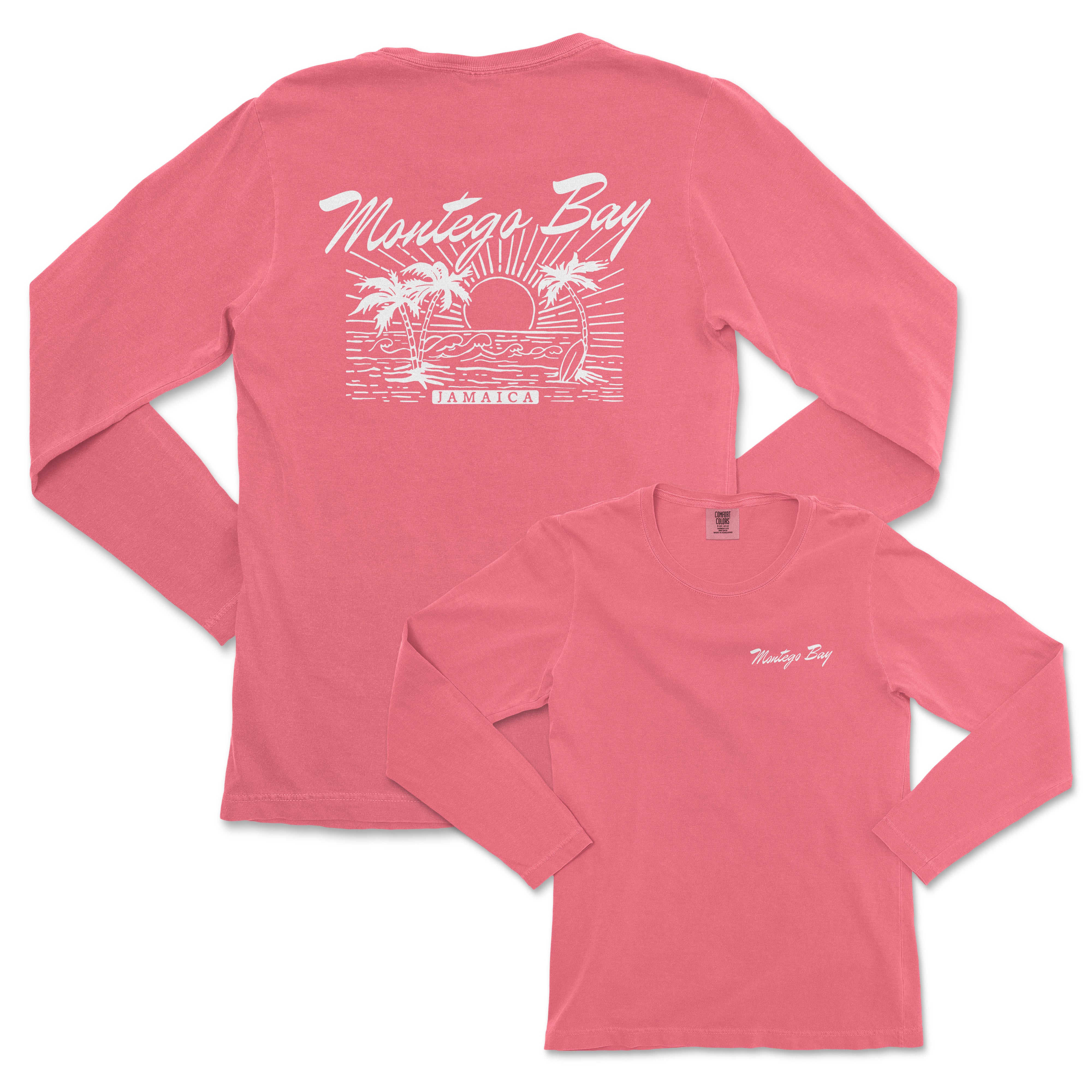 a women's pink long sleeve shirt with a sunset scene