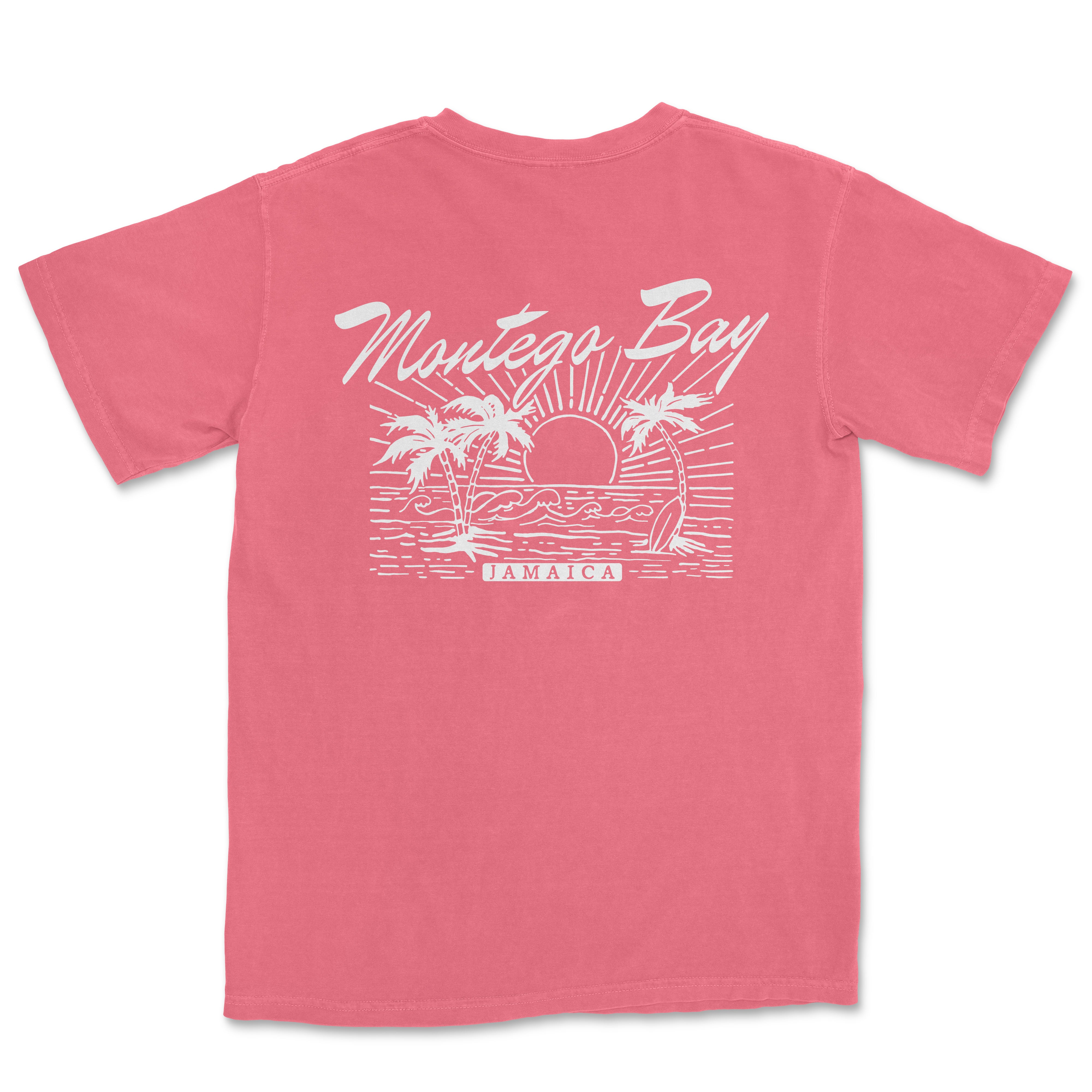 a pink t - shirt with a sunset and palm trees on it