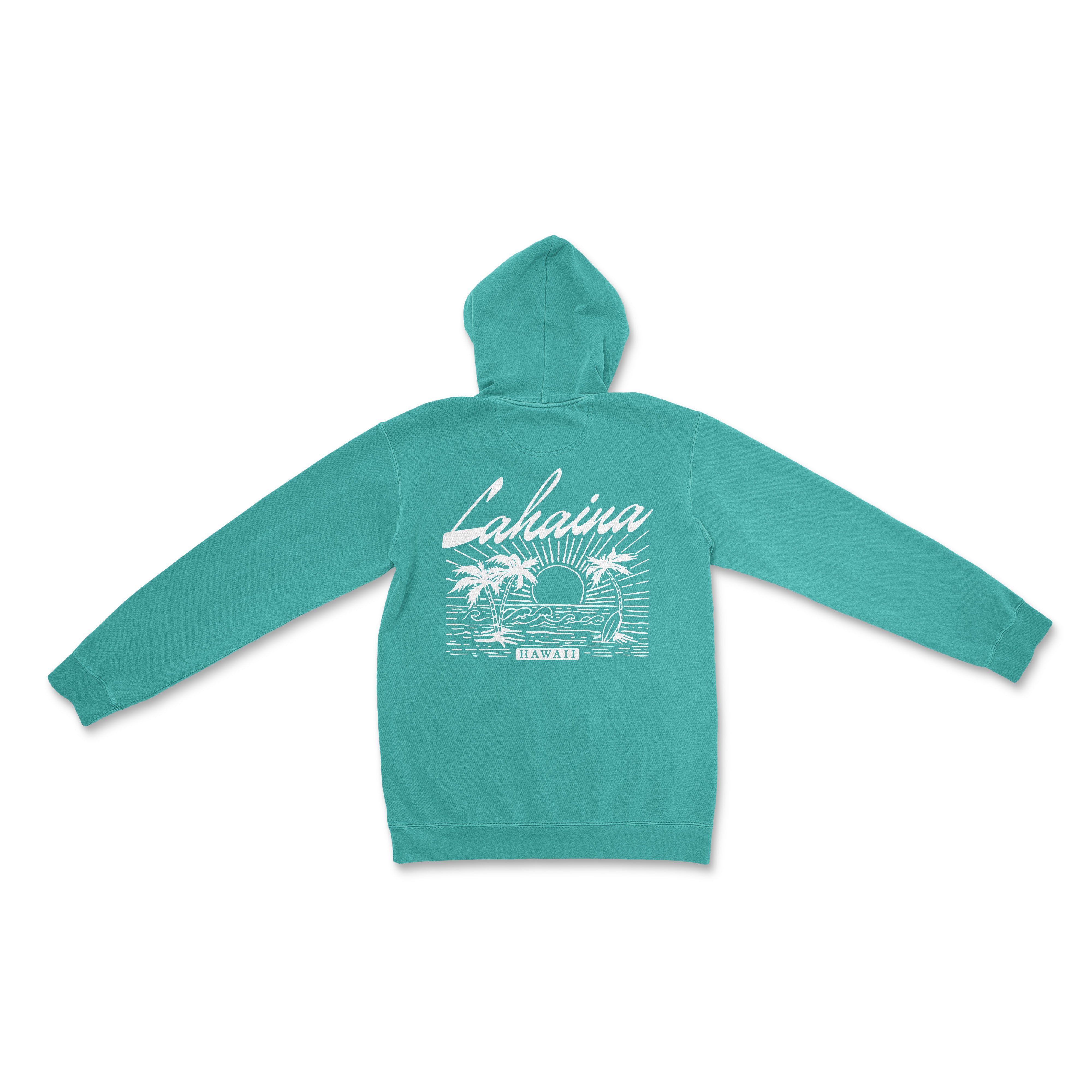 a turquoise sweatshirt with a white print on the back of it