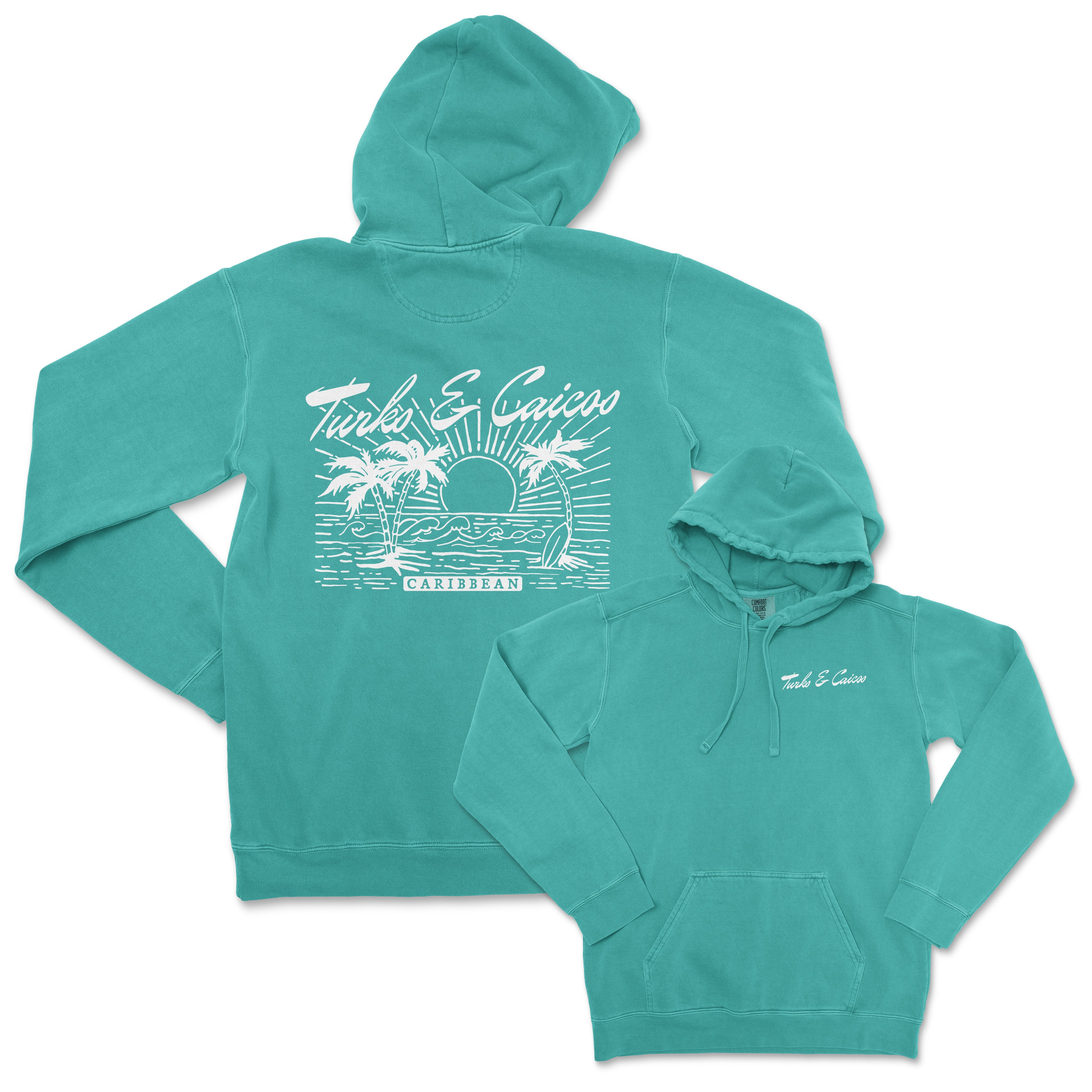 a green hoodie with a picture of a boat and palm trees