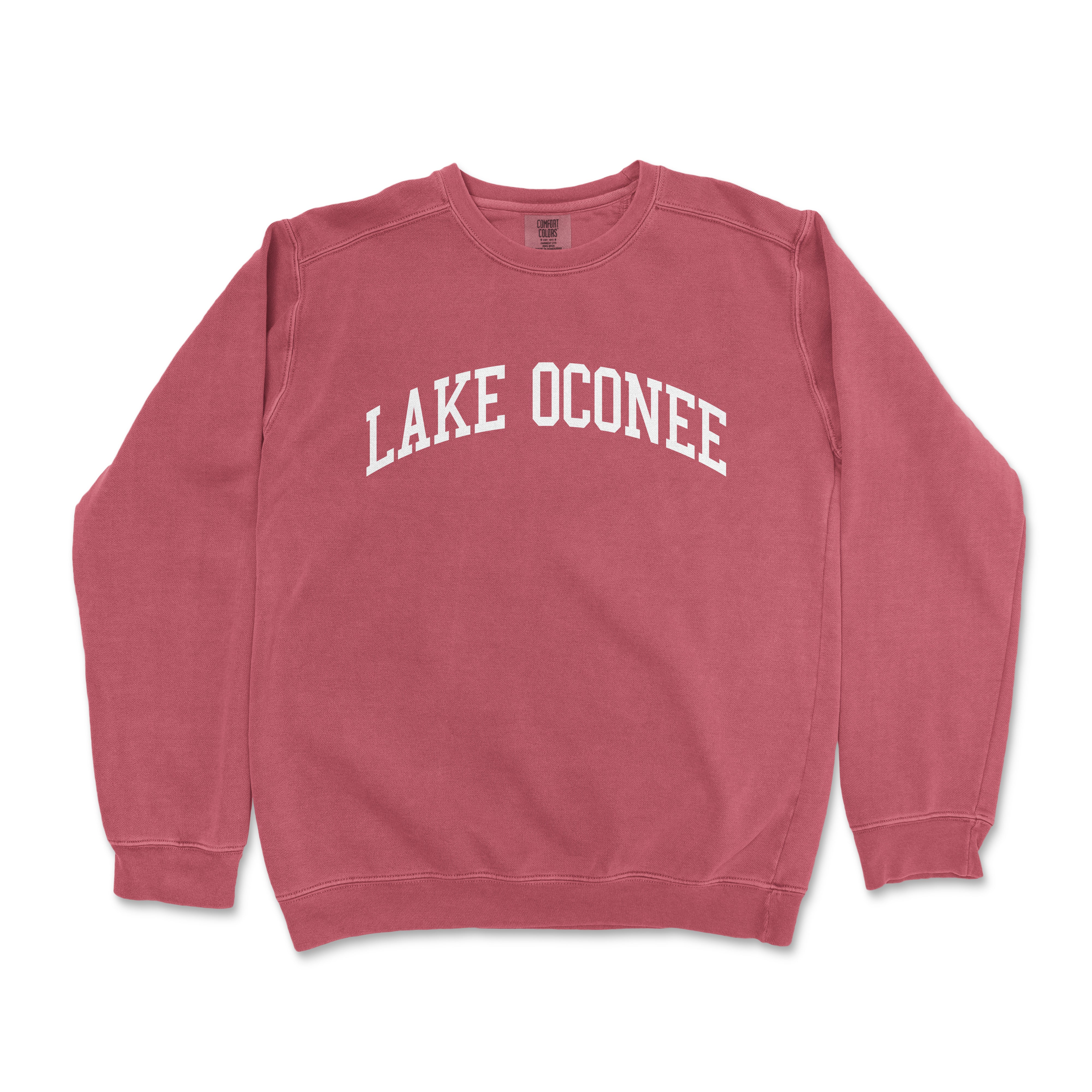 a red sweatshirt with the word lake oconee printed on it