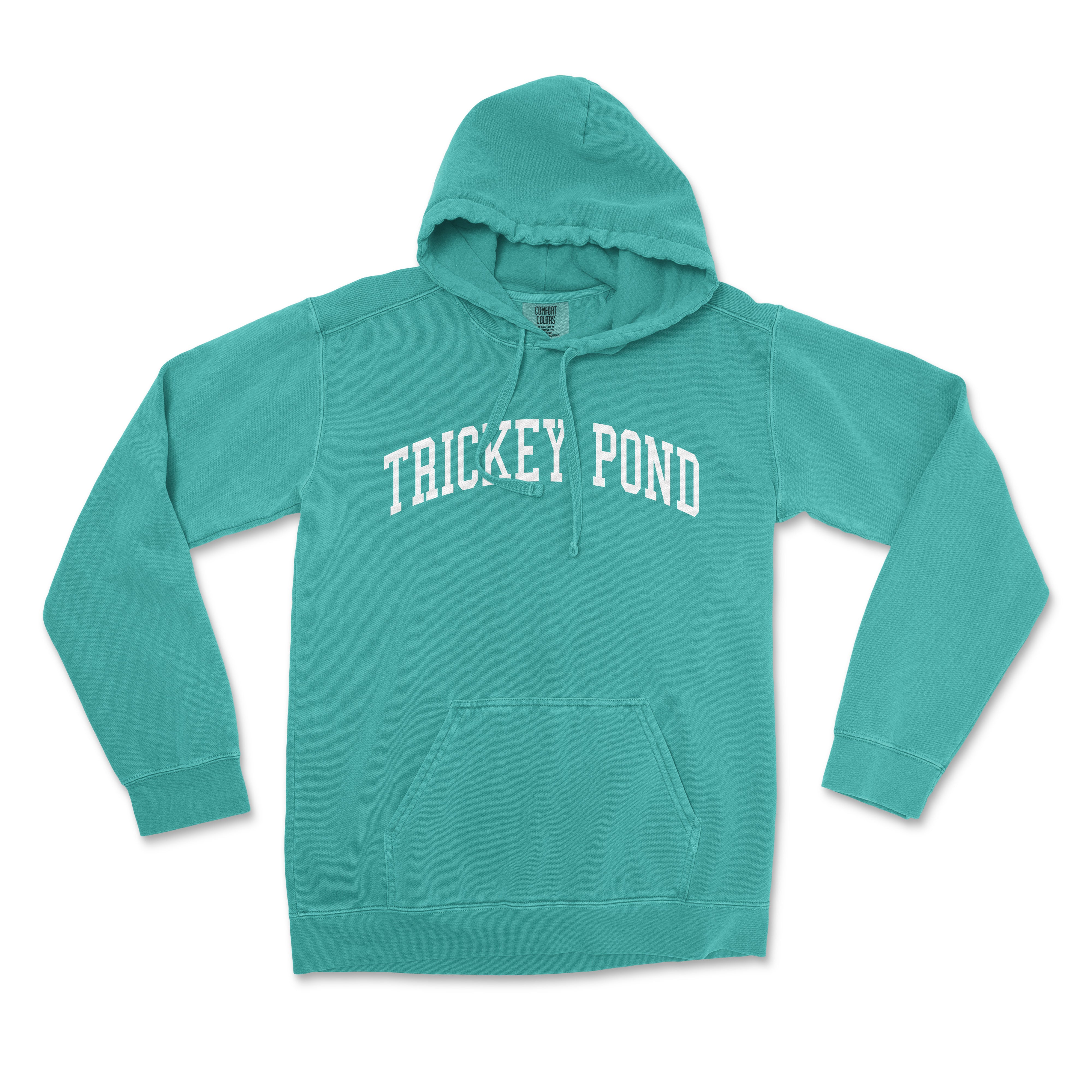 a turquoise hooded sweatshirt with the words tricky pond on it