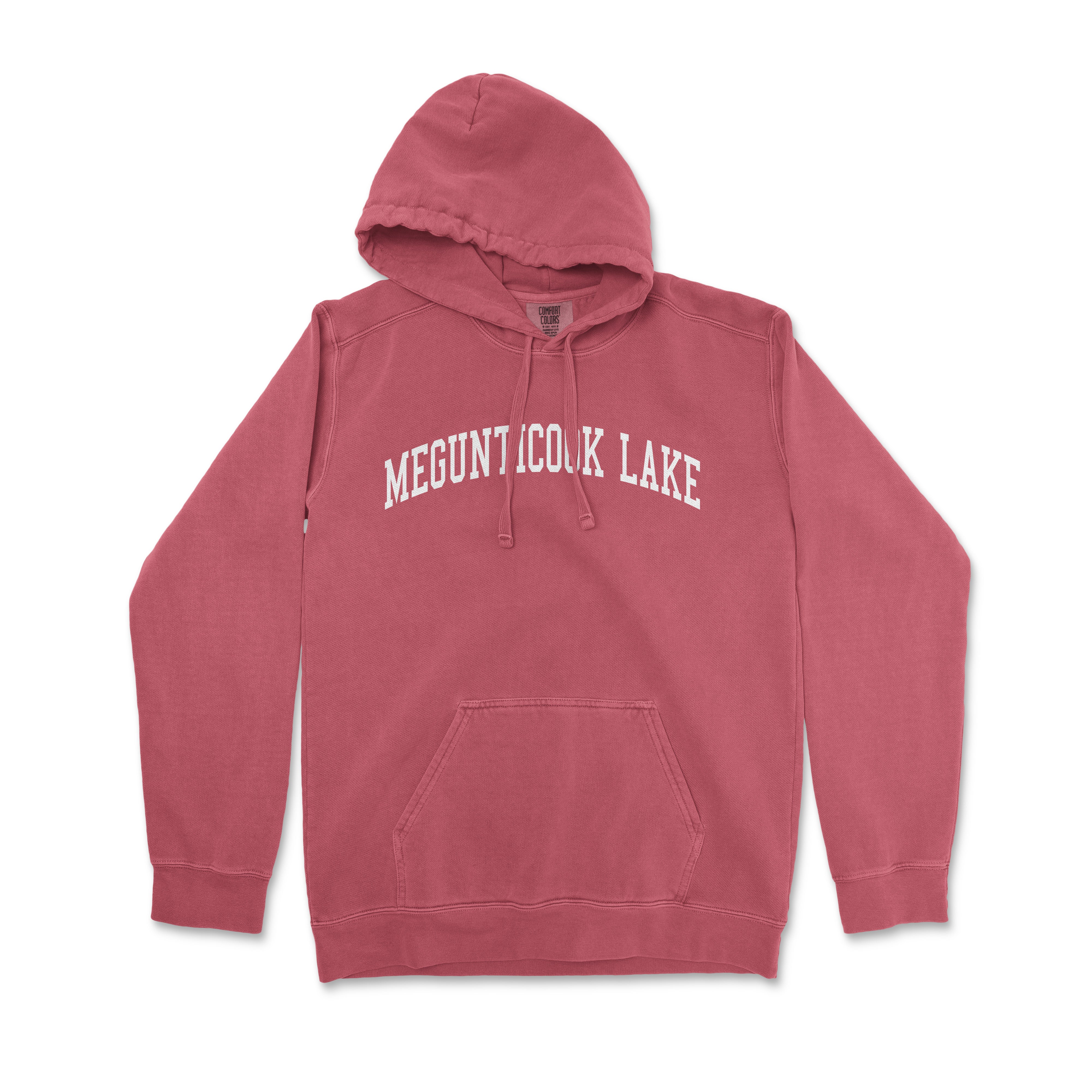 a red hoodie with the words meow cook lake printed on it