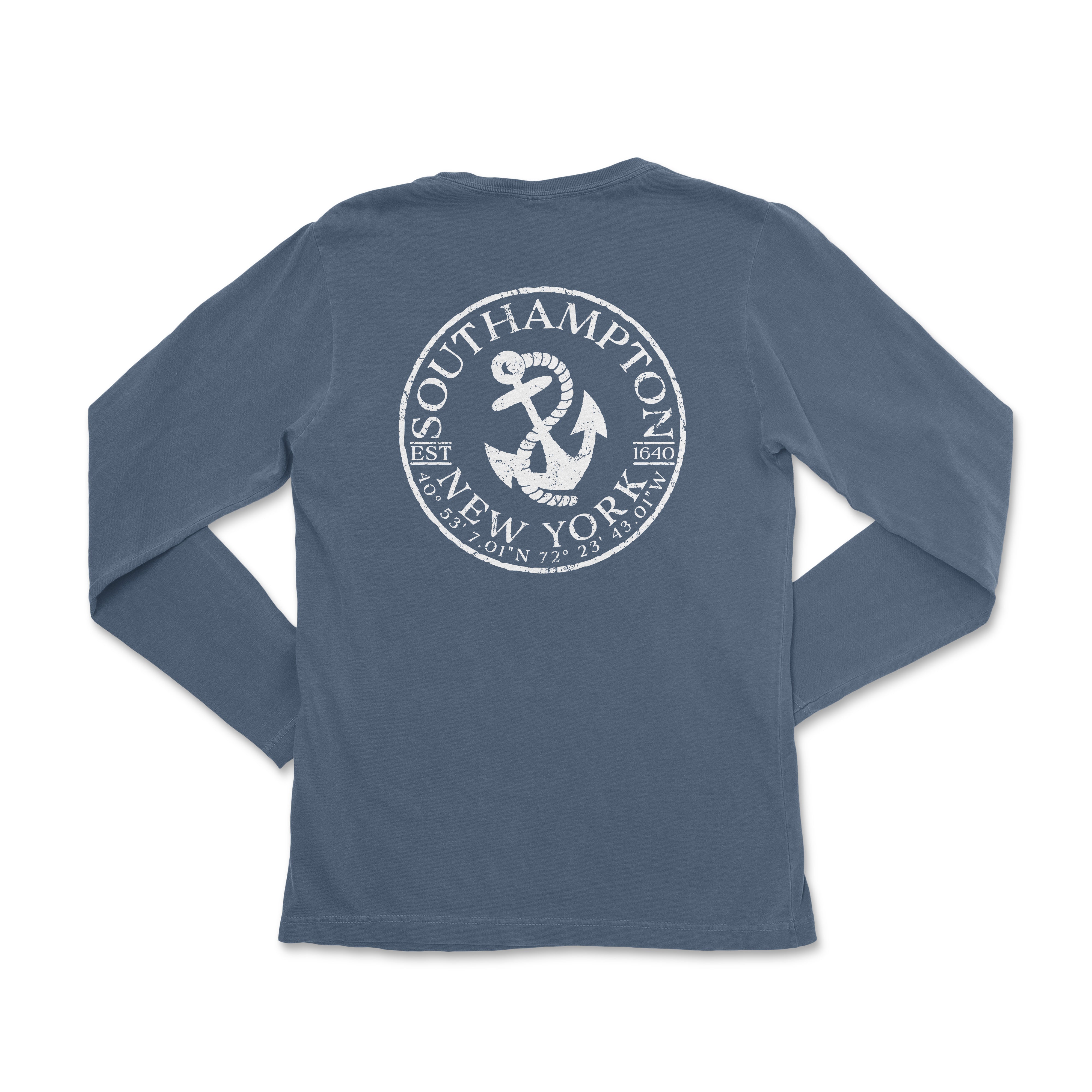 the back of a blue long sleeve shirt with an anchor and the words new york