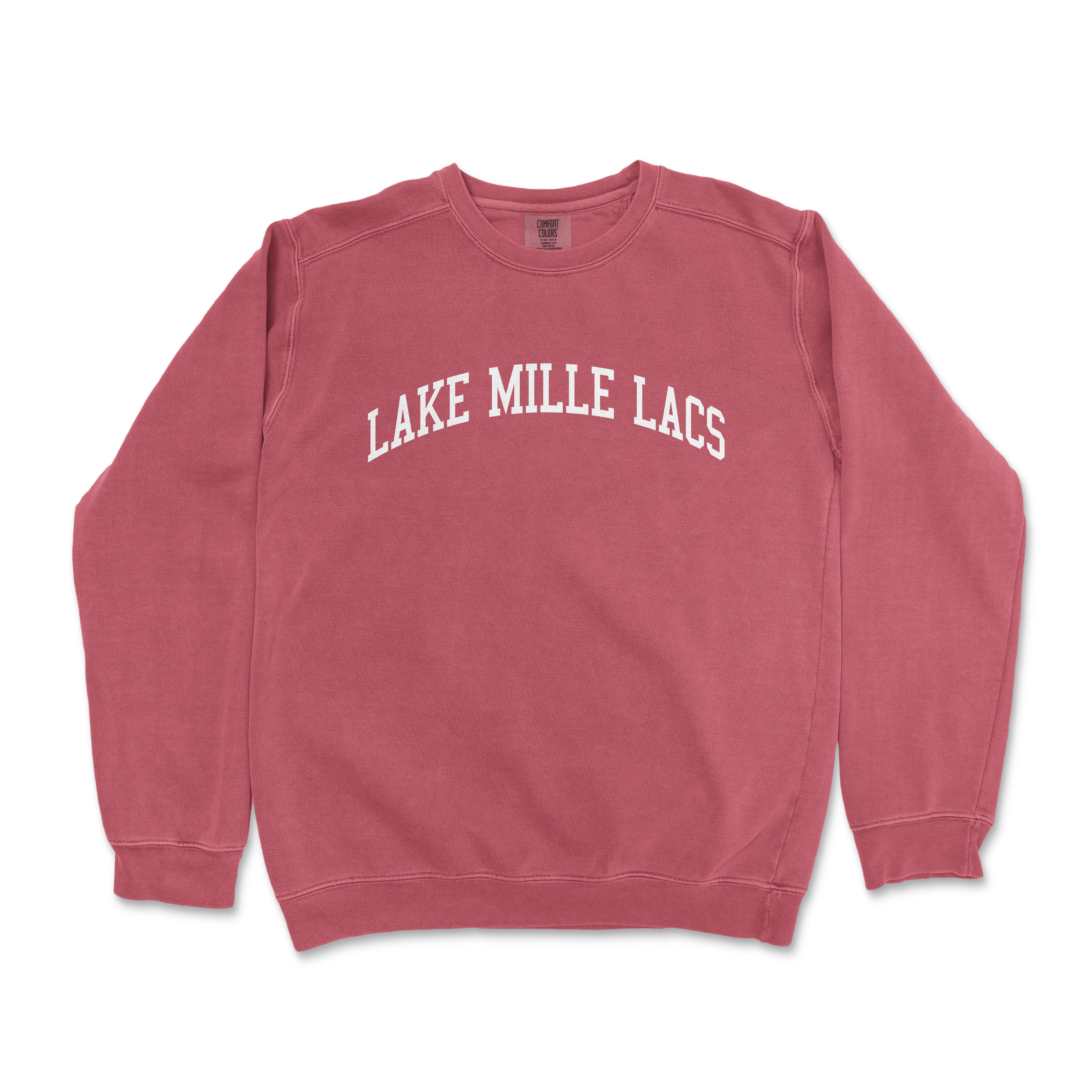 a red sweatshirt with the words lake mile lacs printed on it