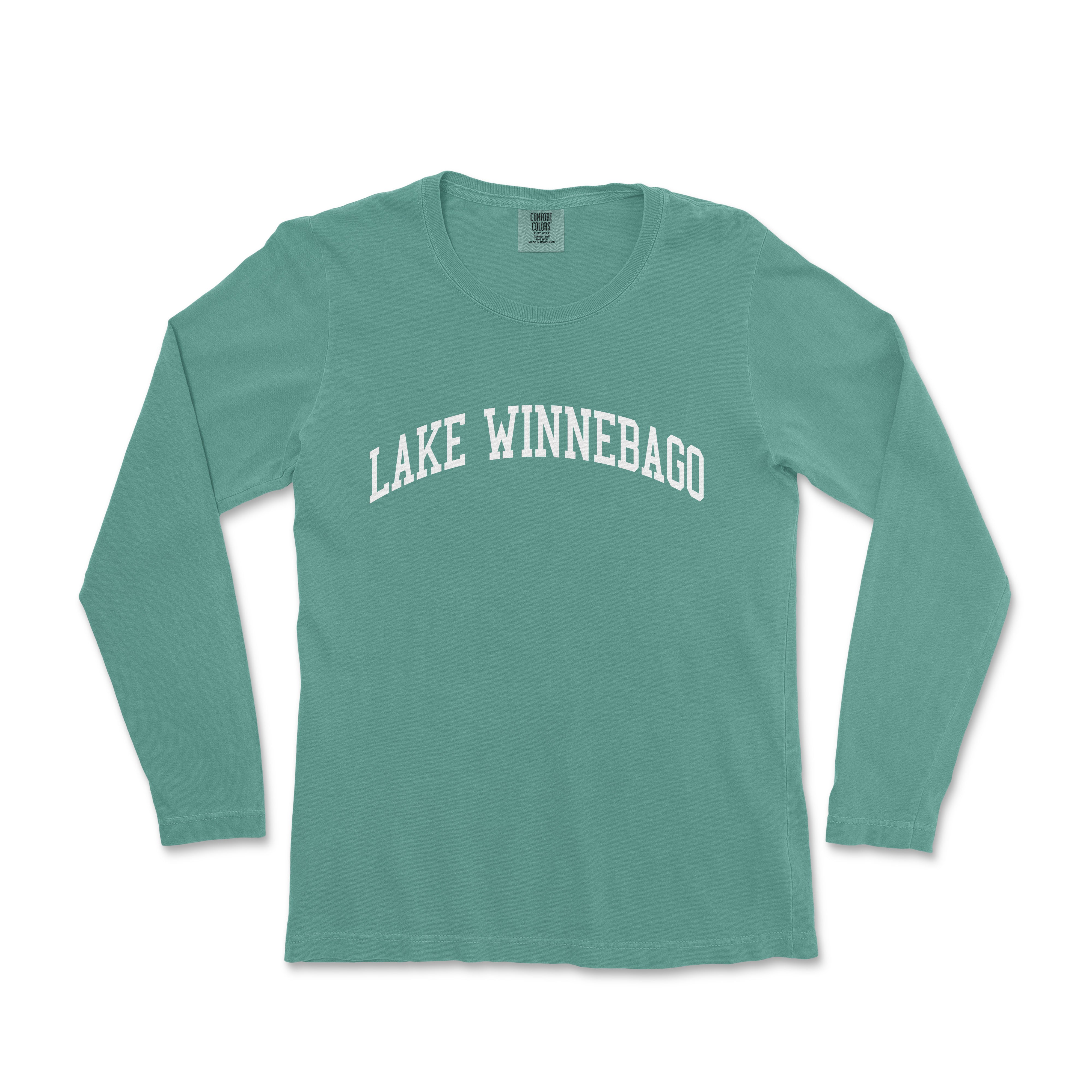 a green lake winnebag shirt with the word lake winnebag in white