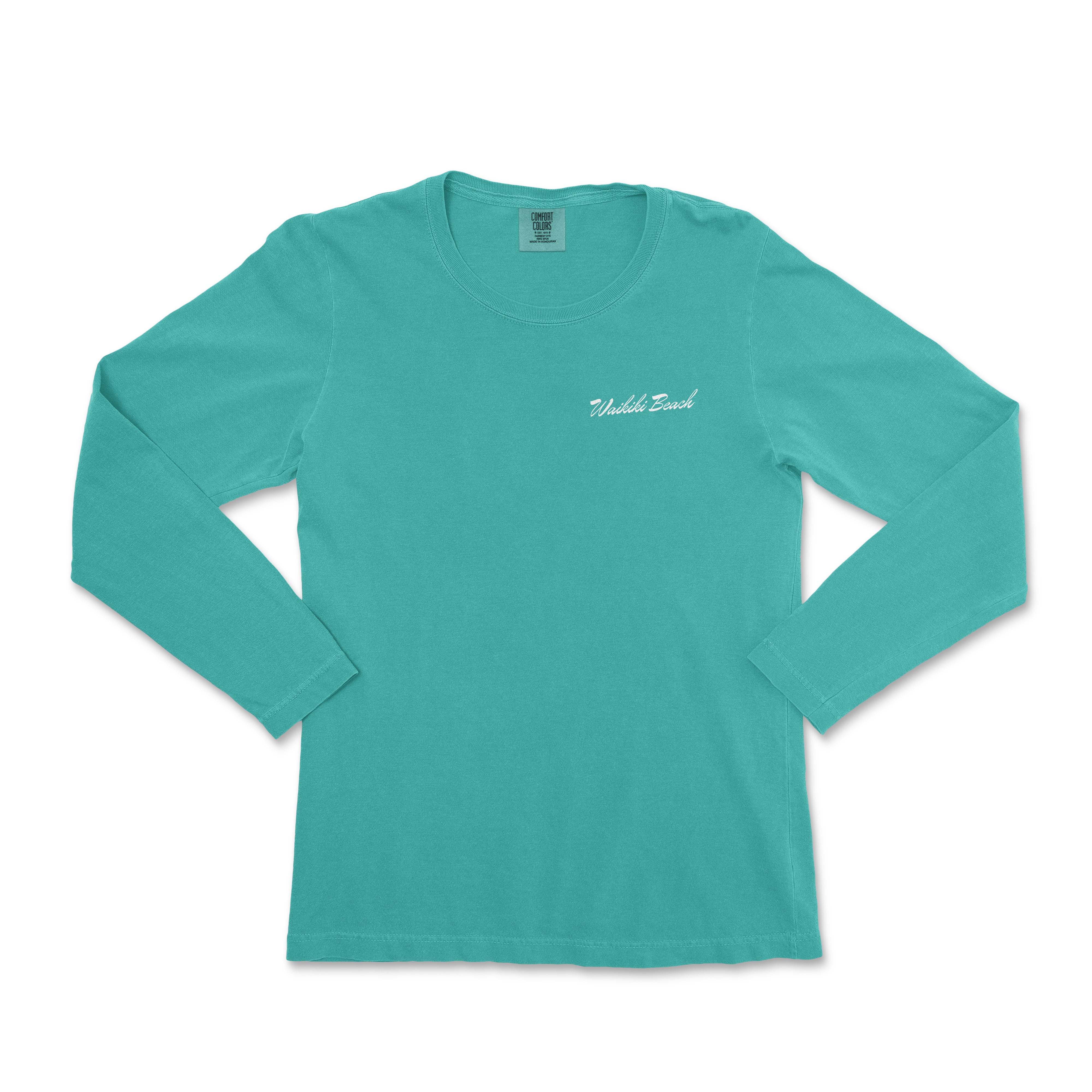 a women's turquoise long sleeve shirt with the words,