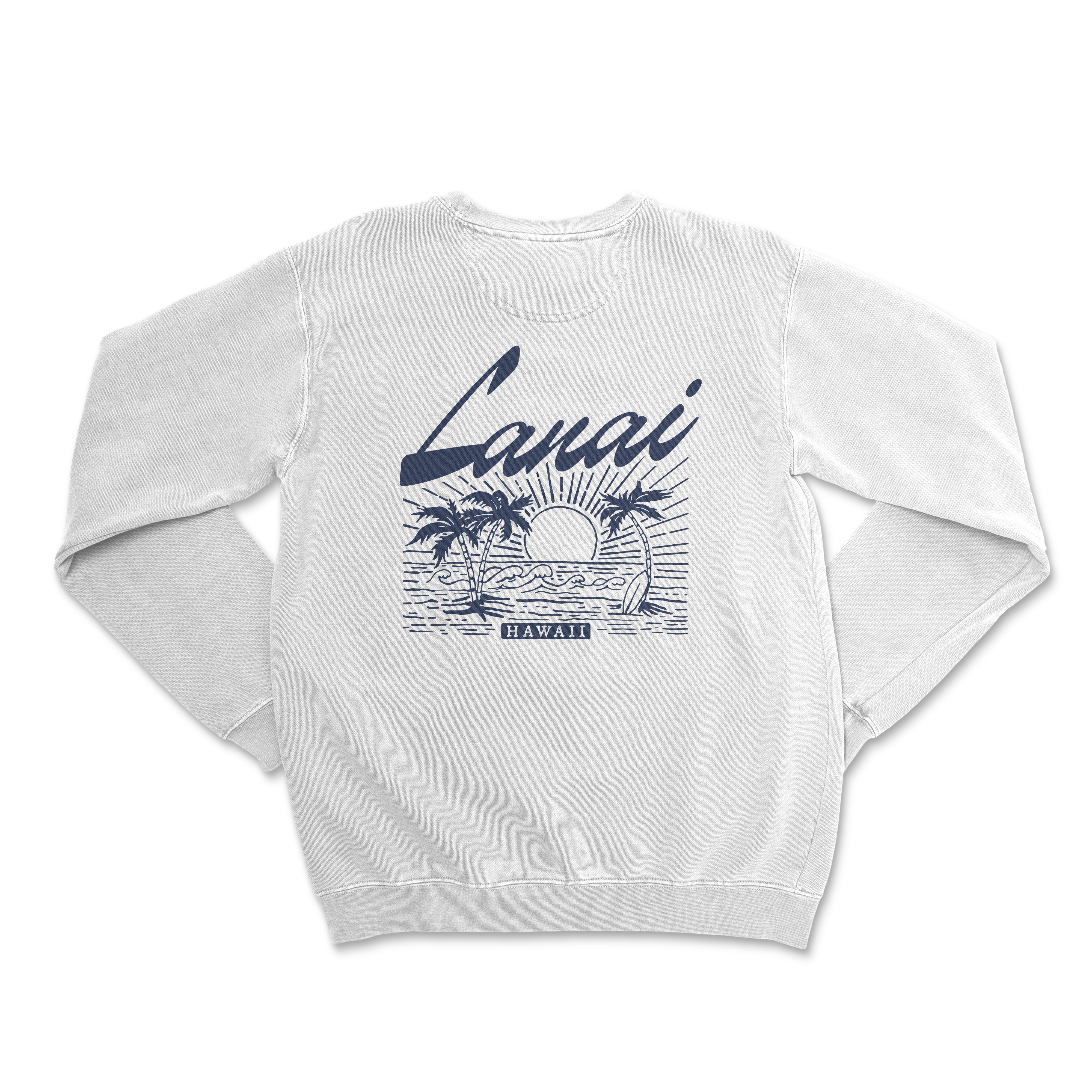 a white sweatshirt with a sunset and palm trees on it