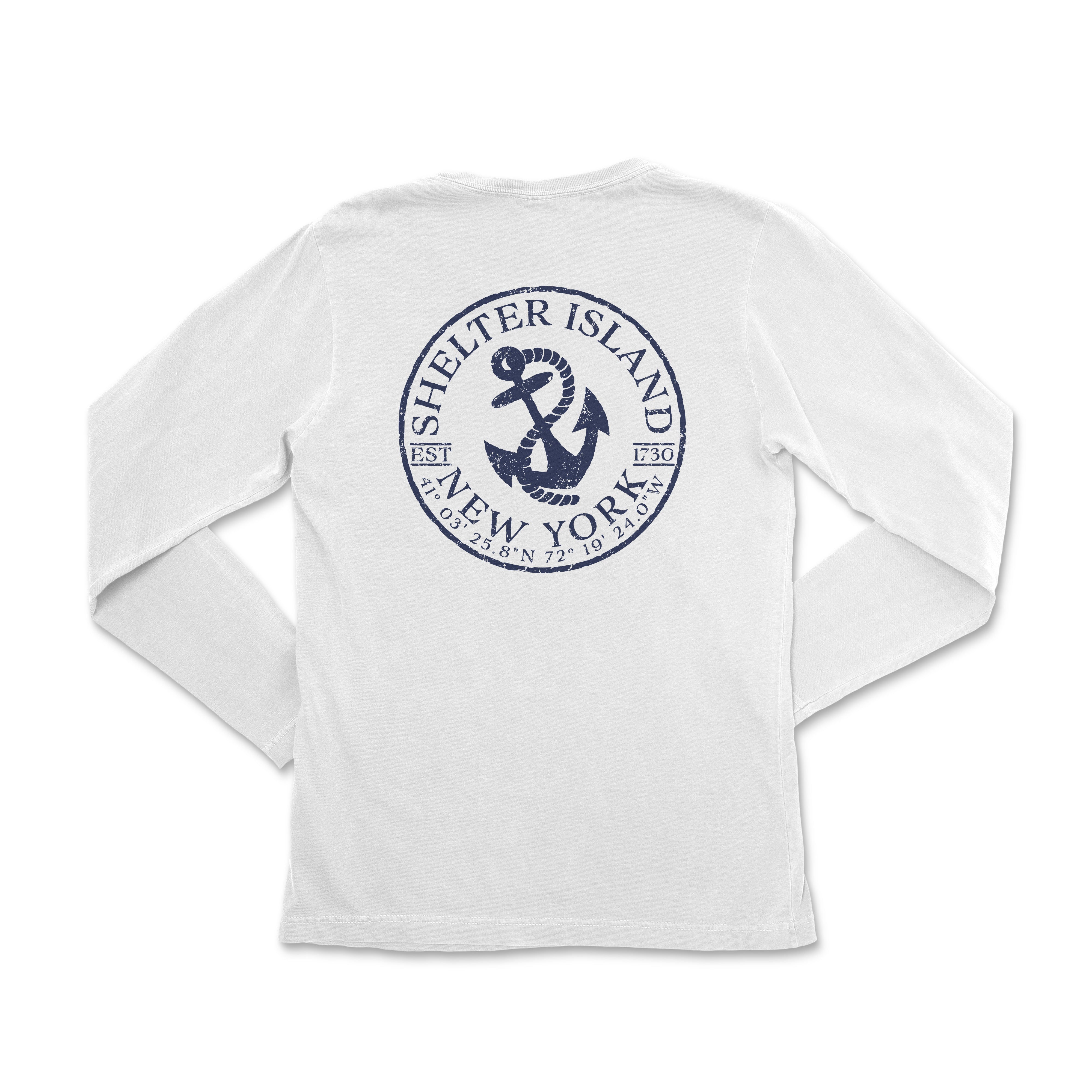 a white long sleeve shirt with a blue anchor on the front