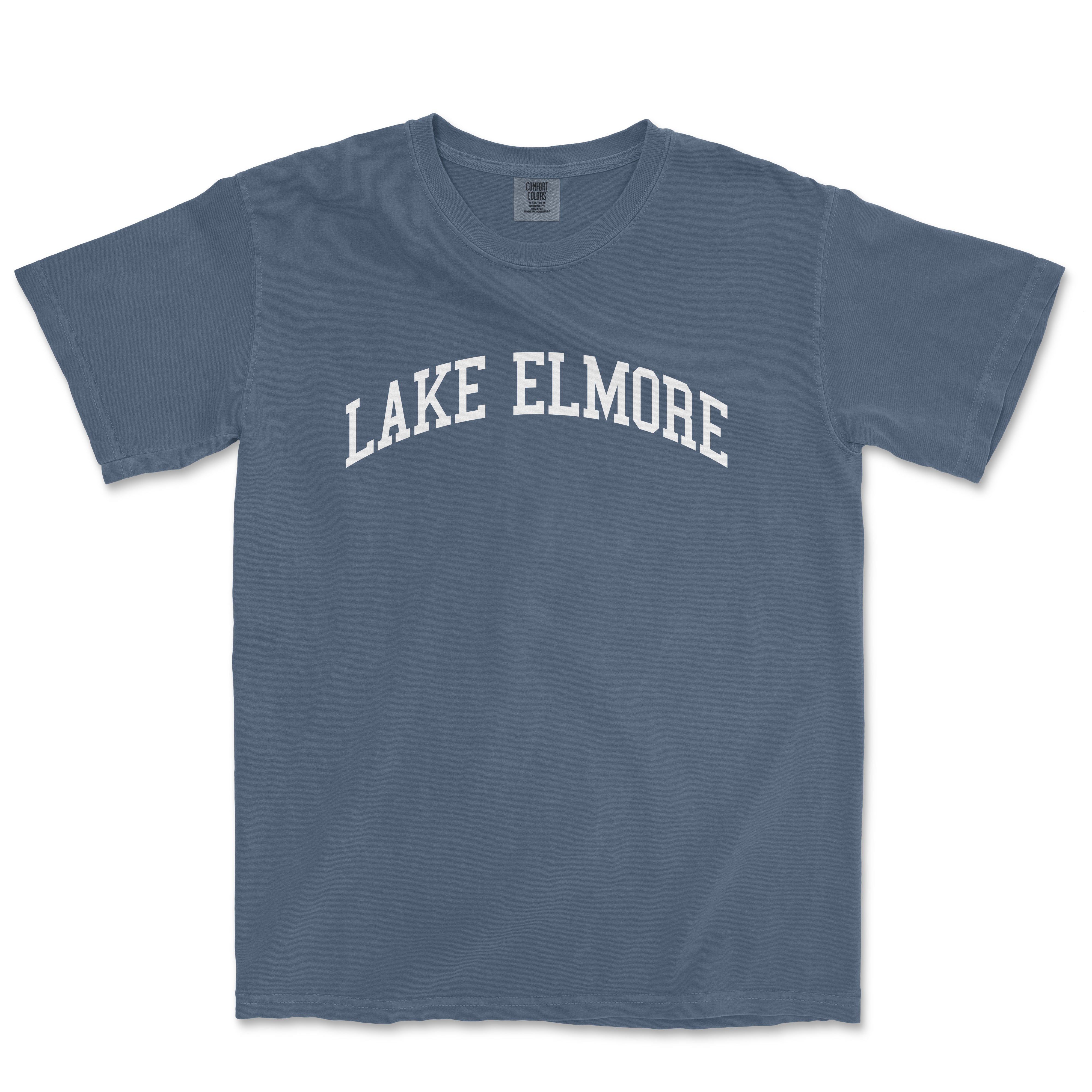 a blue lake elmore t - shirt with the word lake elmore in white