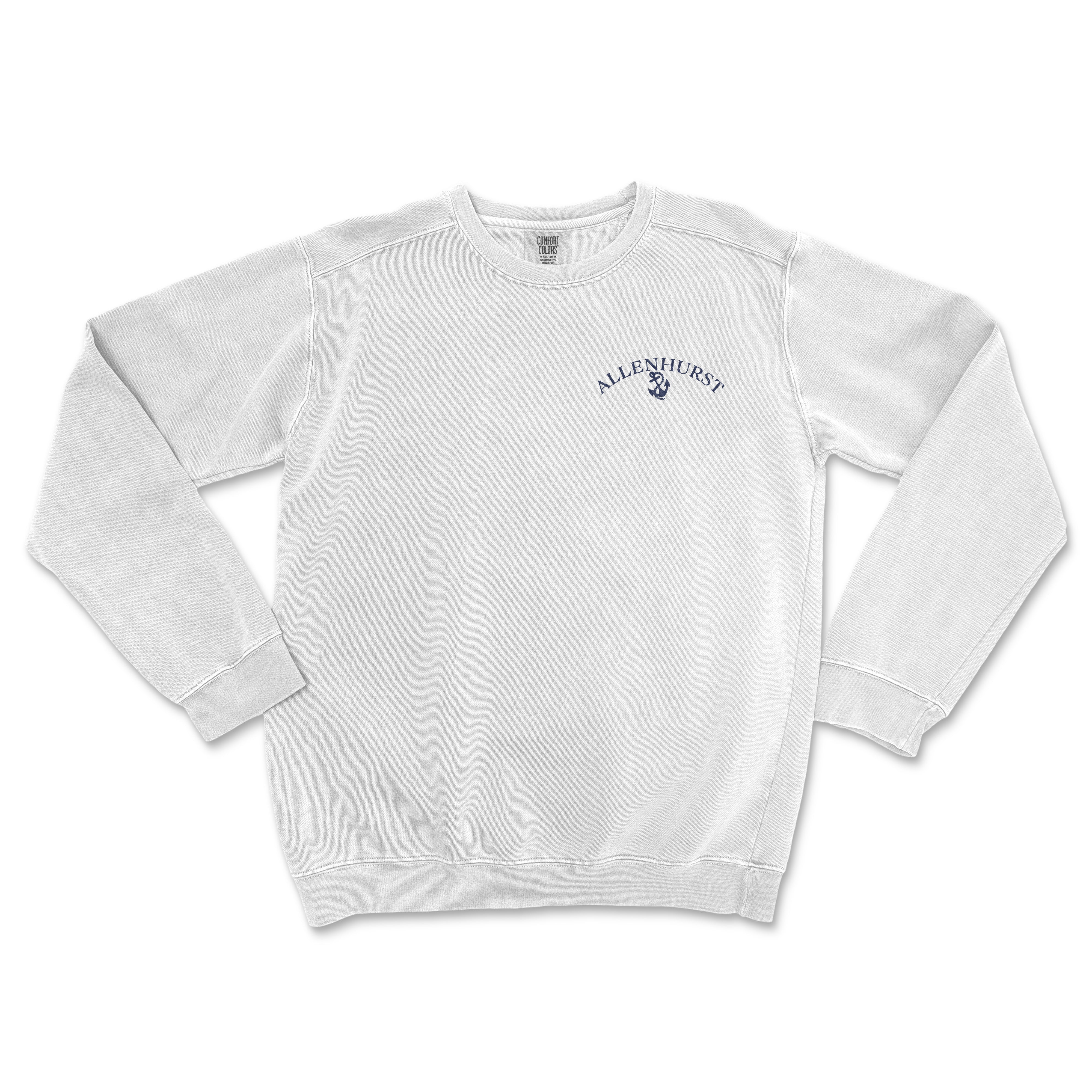 a white sweatshirt with a blue logo on it