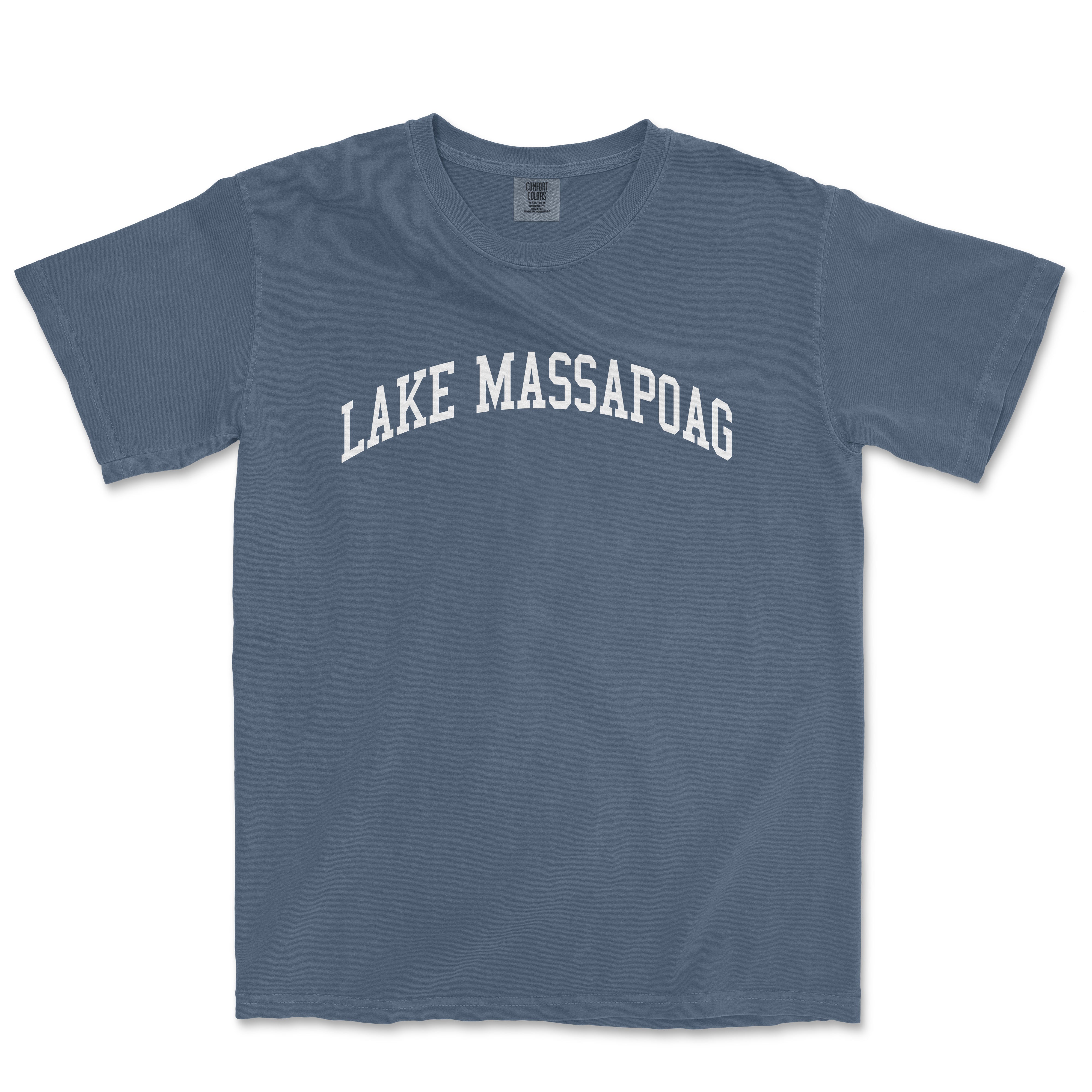 a blue lake mascapoga t - shirt with the words lake mascapoga