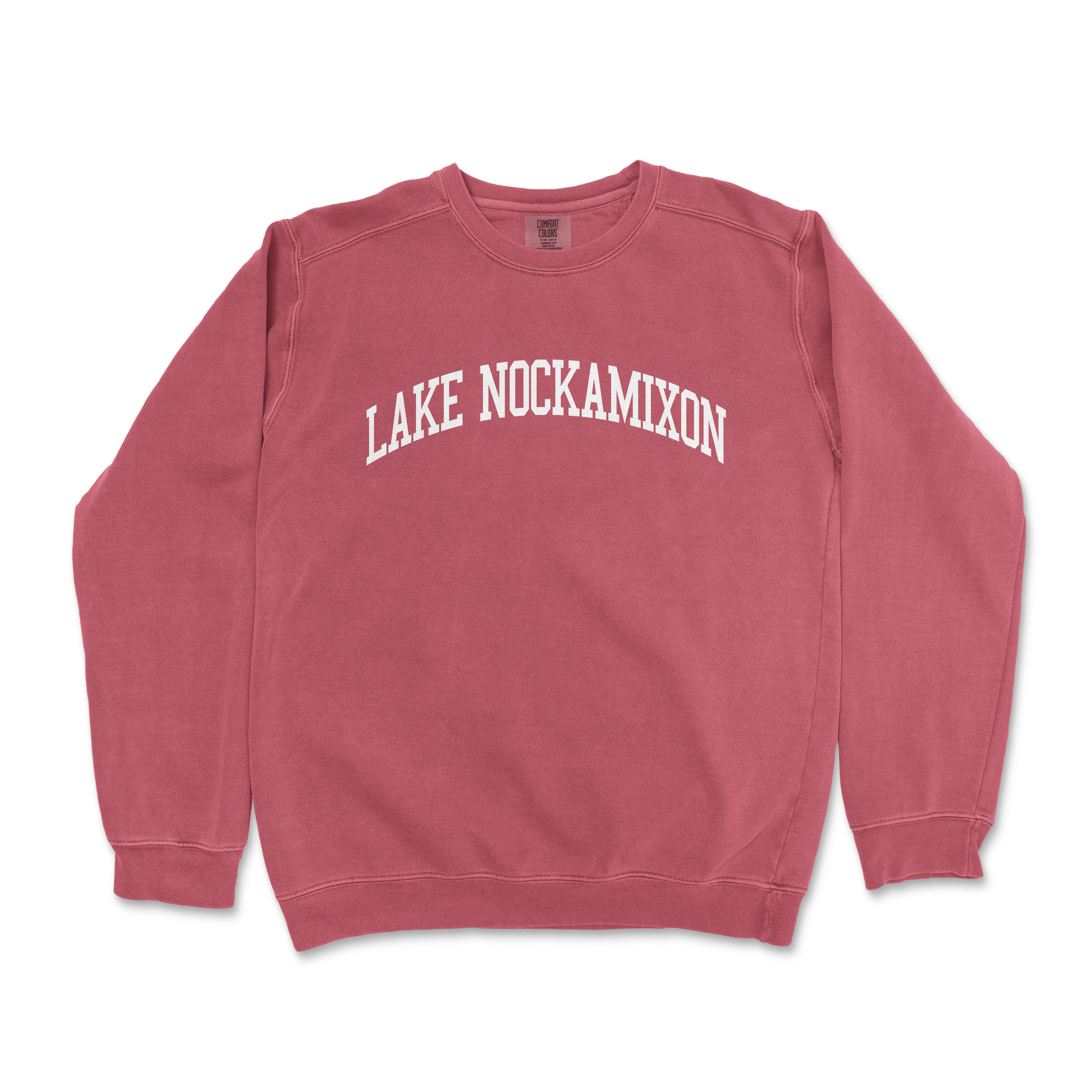 a red sweatshirt with the words lake nockamion printed on it