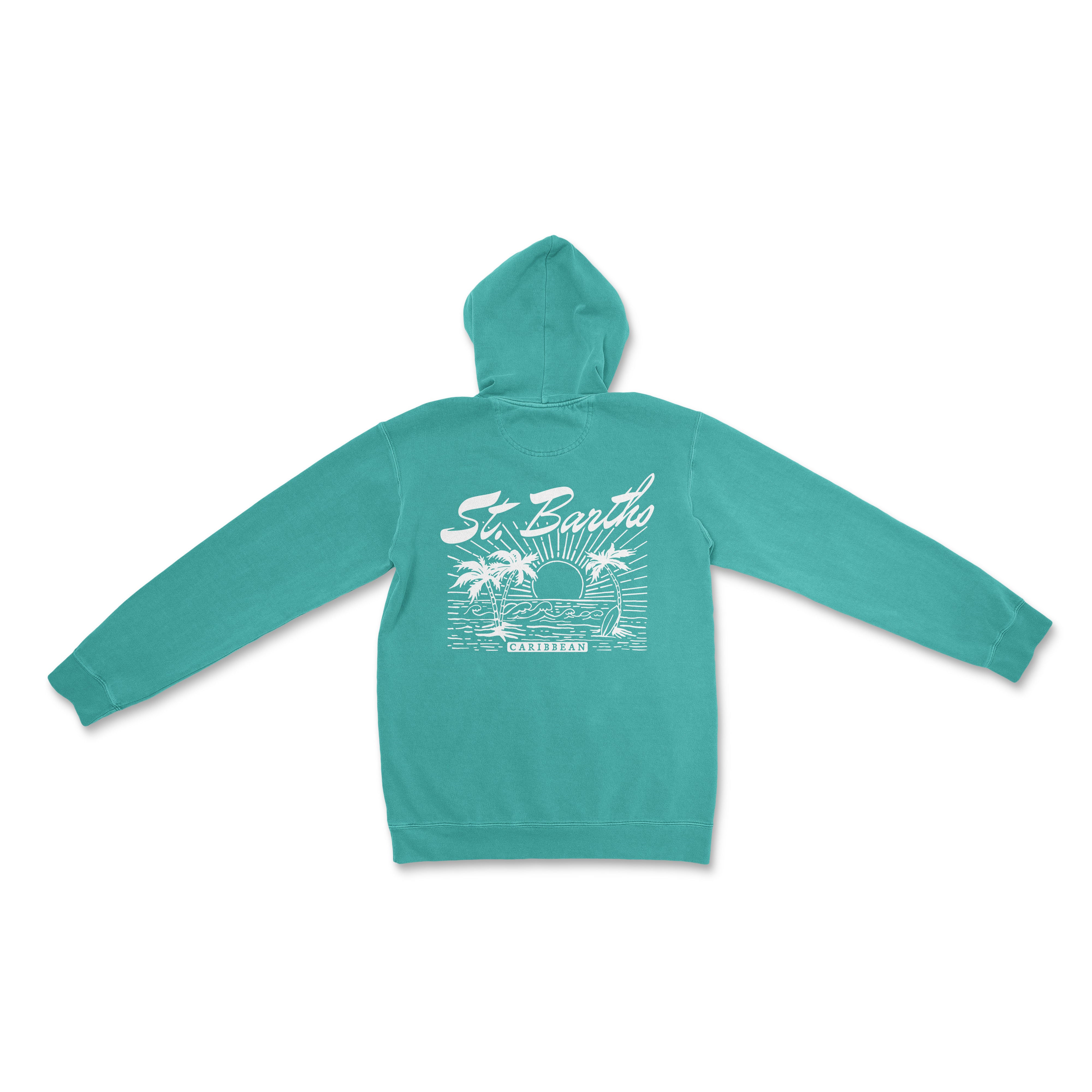 a turquoise hoodie with a palm tree on it