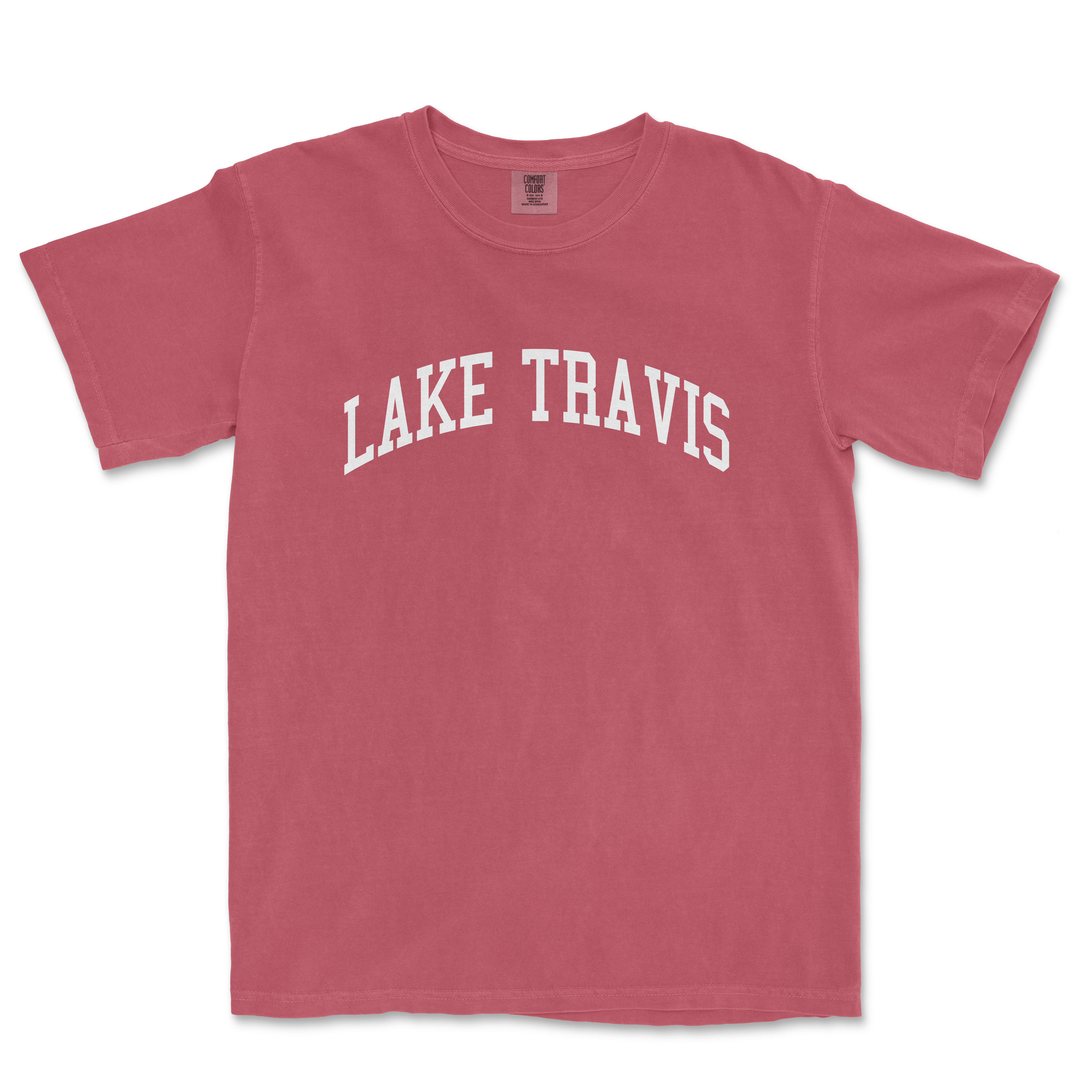 a red lake travis t - shirt with the word lake travis on it