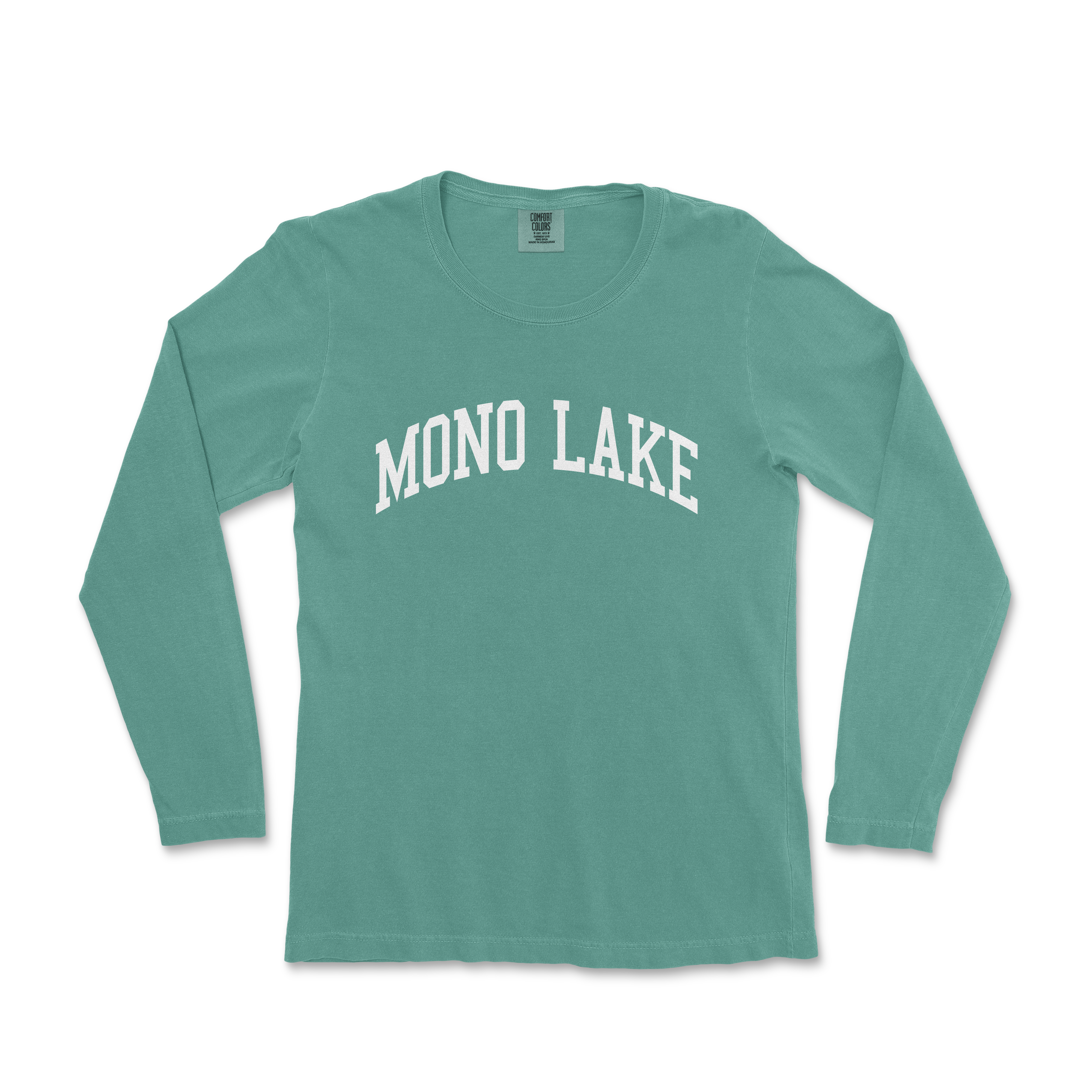 a mint green shirt with the word mono lake printed on it