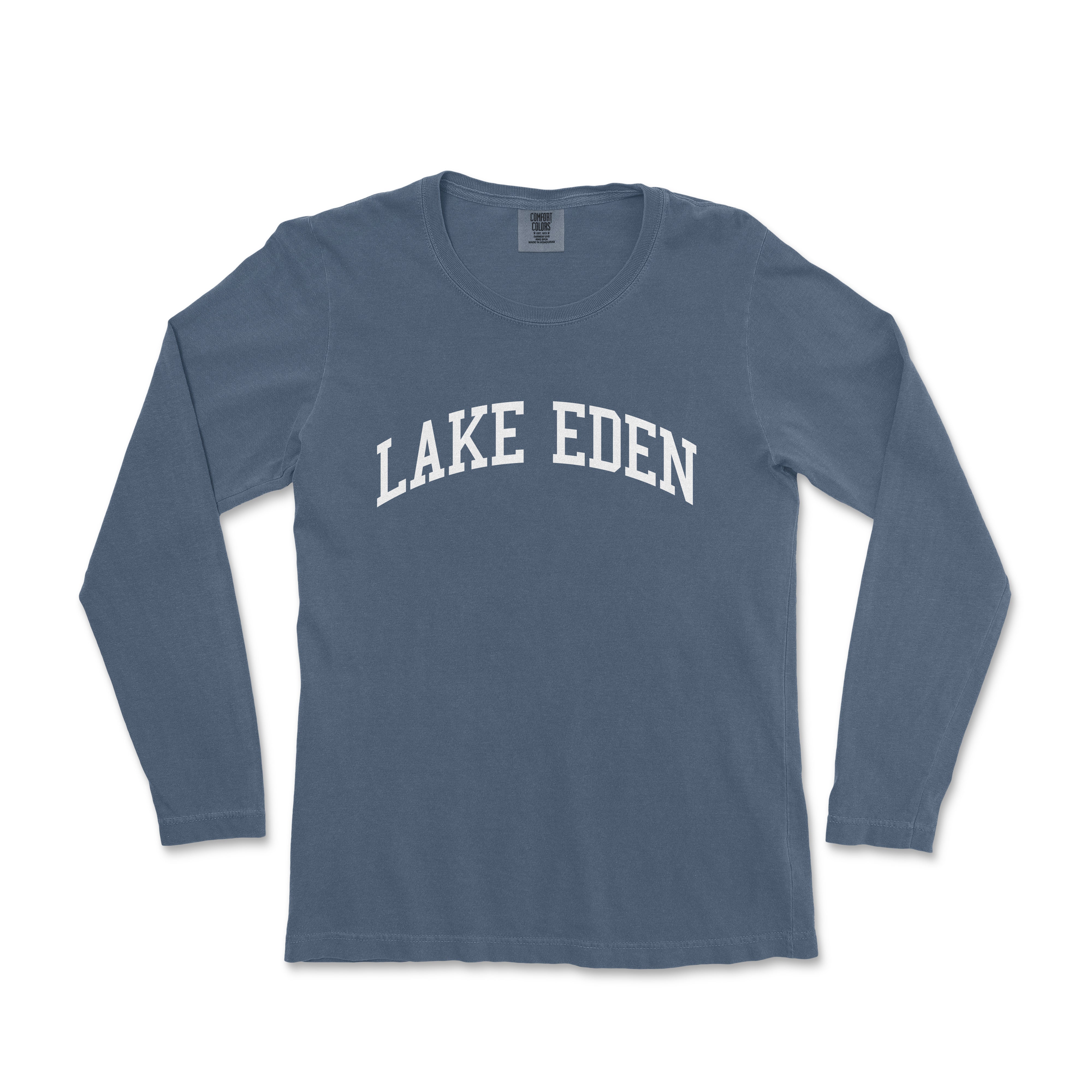 a blue long sleeve shirt with the words lake eden in white