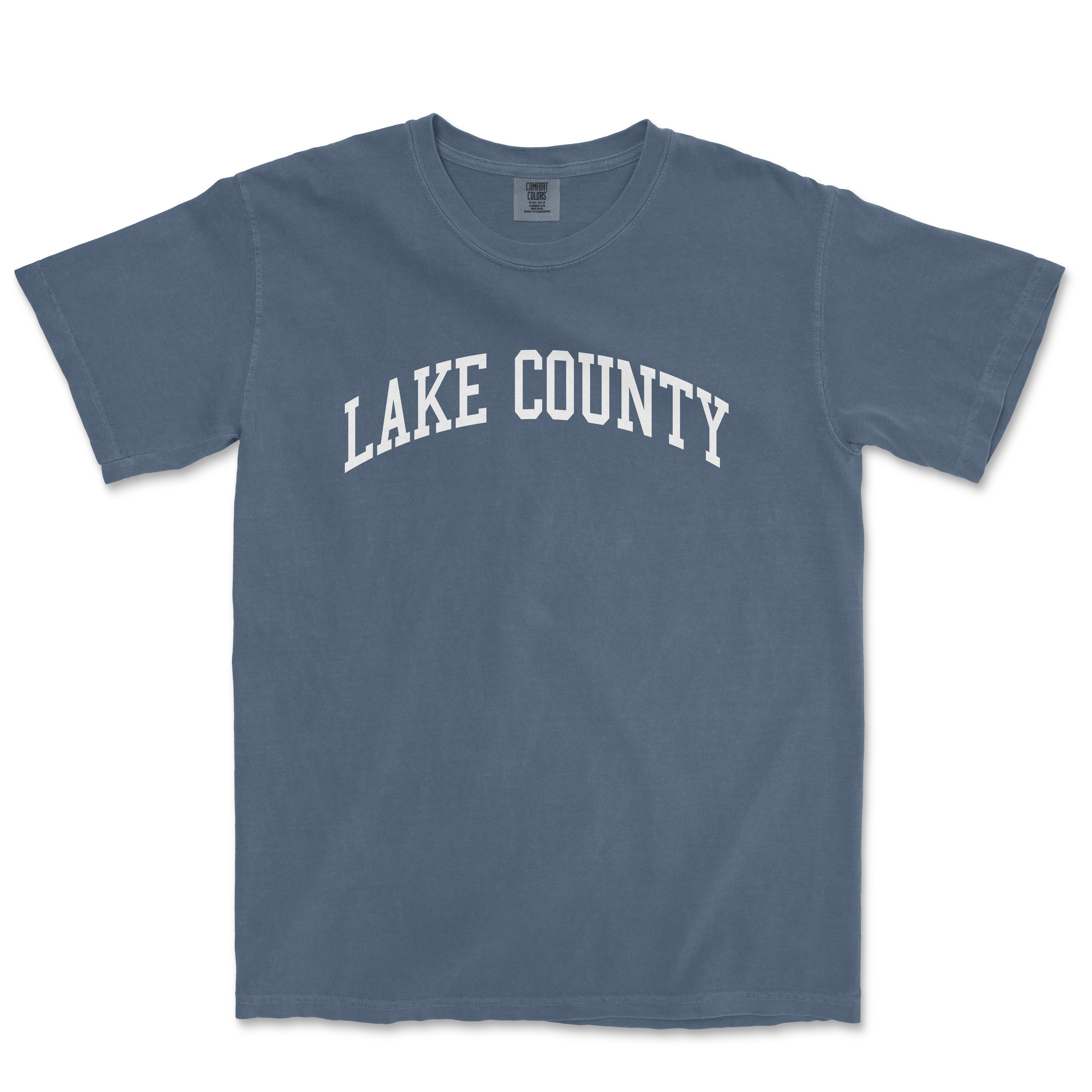 a blue lake county t - shirt with the word lake county in white