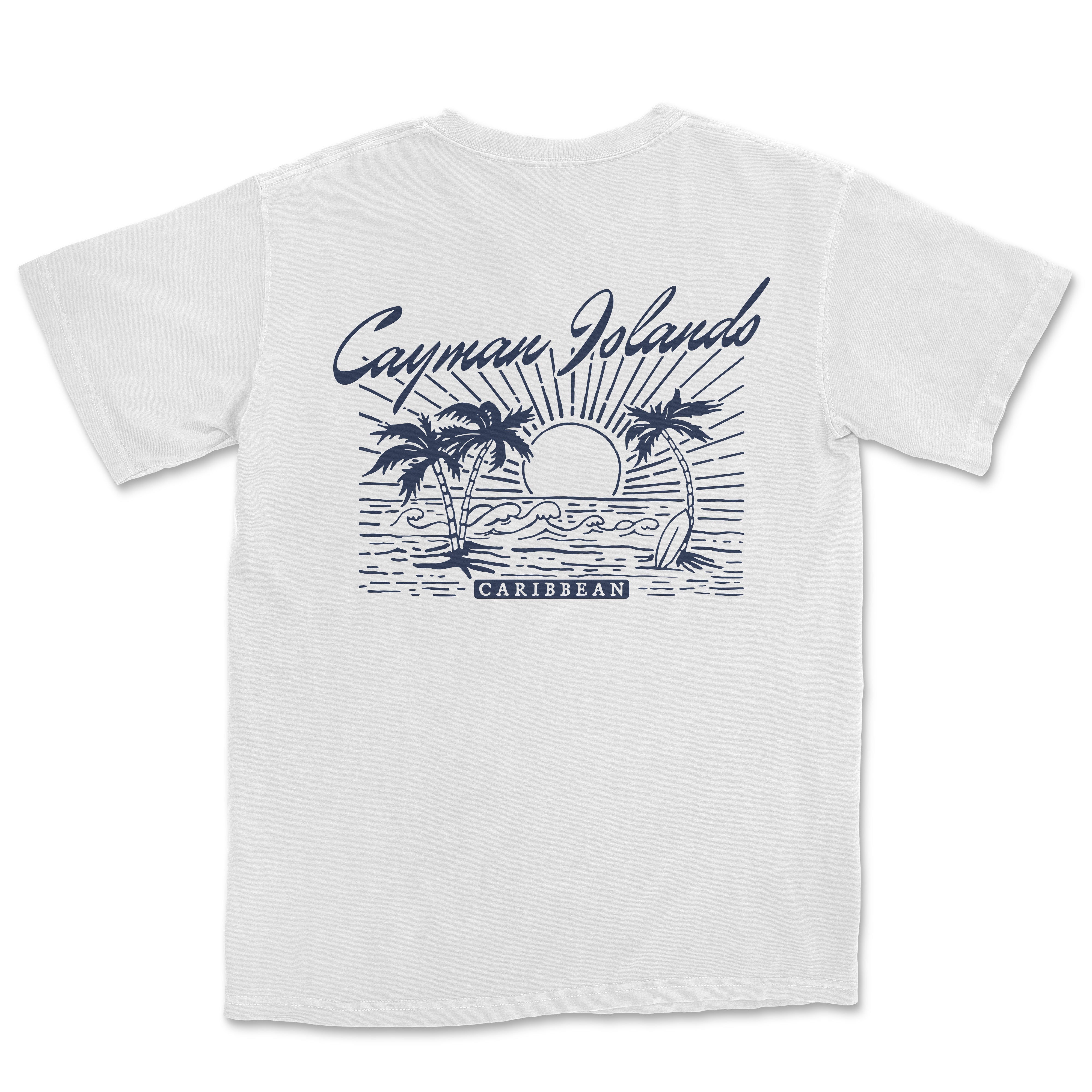 a white t - shirt with a picture of a boat and palm trees