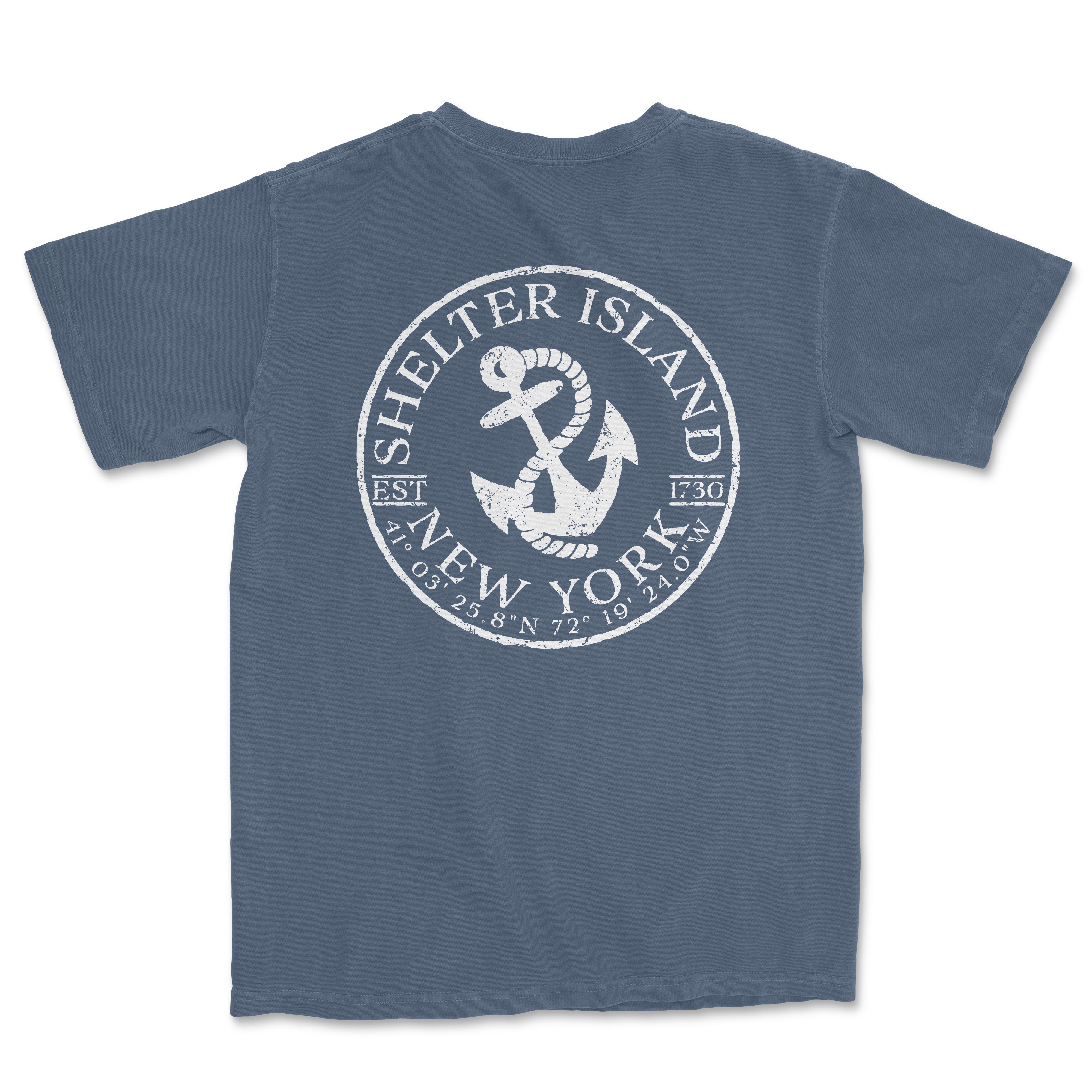 a blue t - shirt with an anchor and the words helper island new york