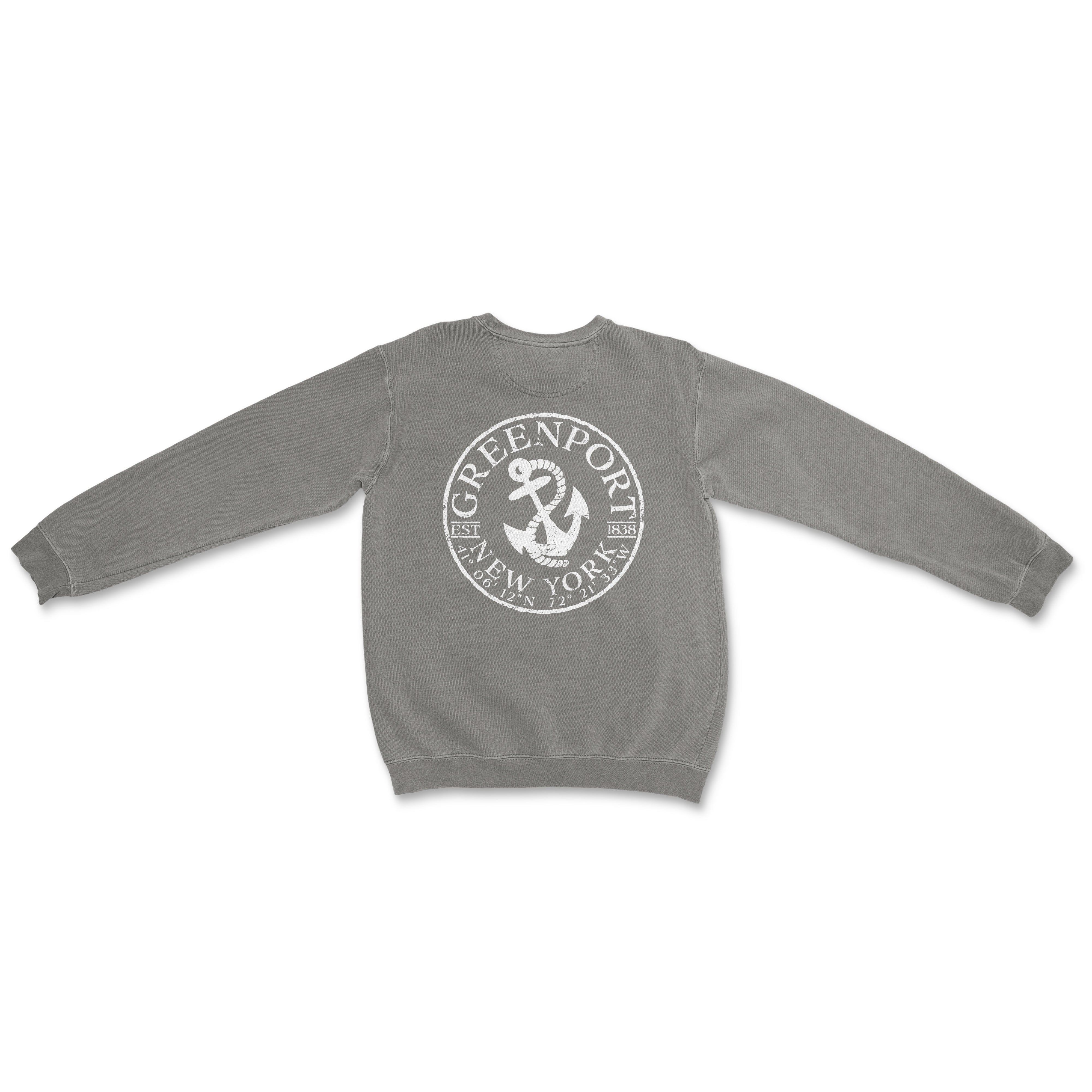 a grey sweatshirt with a white logo on it