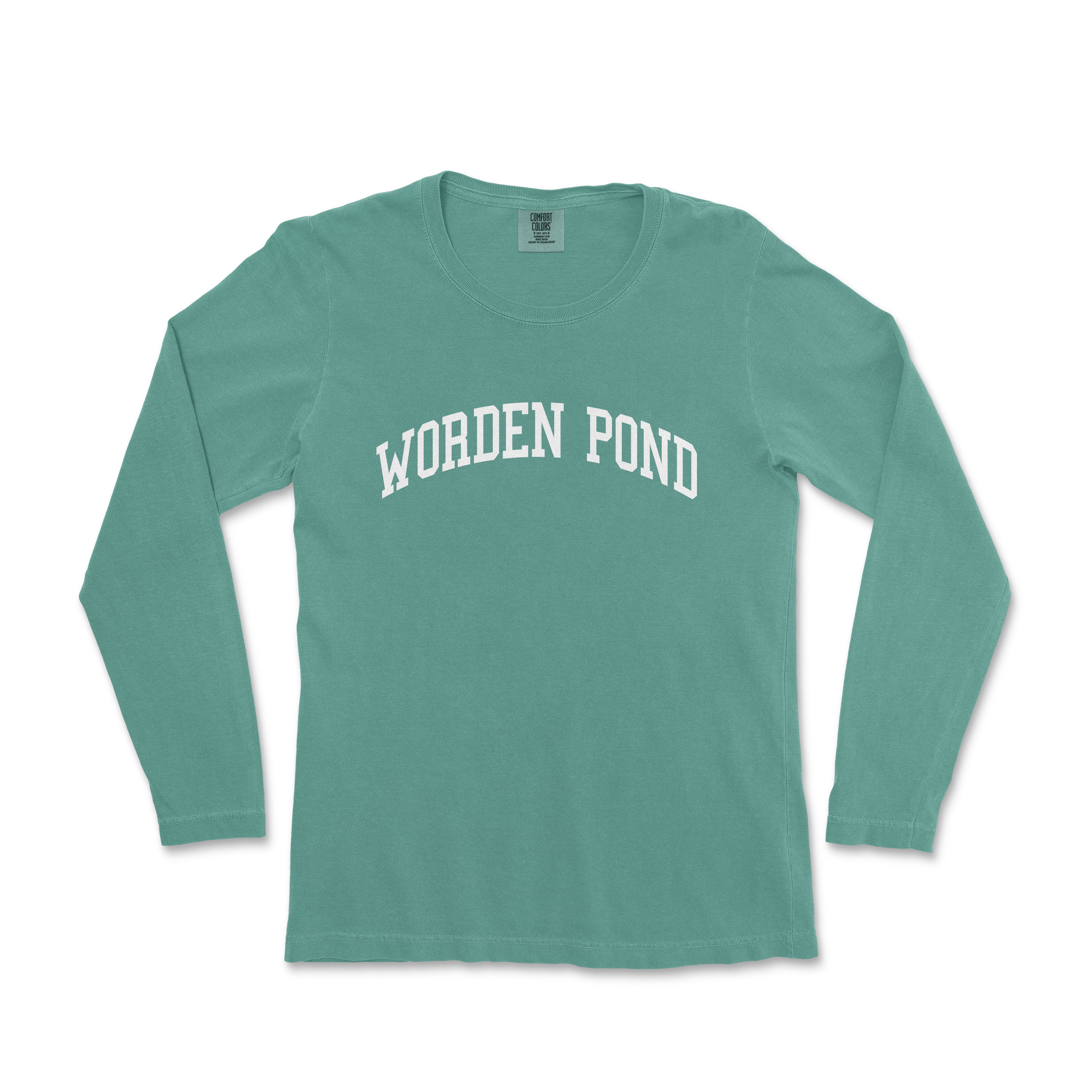 a women's green long sleeve shirt with the word worden pond in white