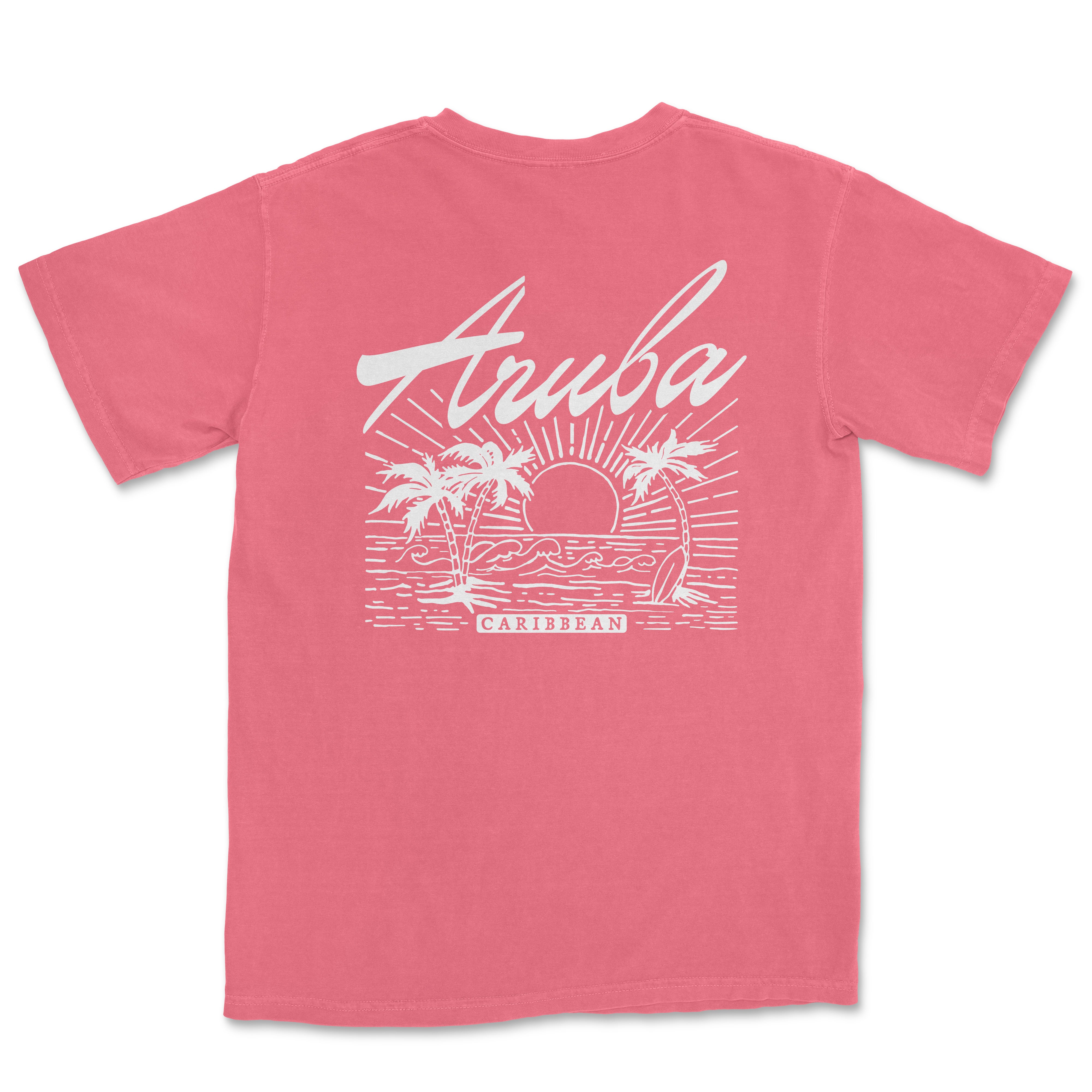 a pink t - shirt with a sunset and palm trees in the background