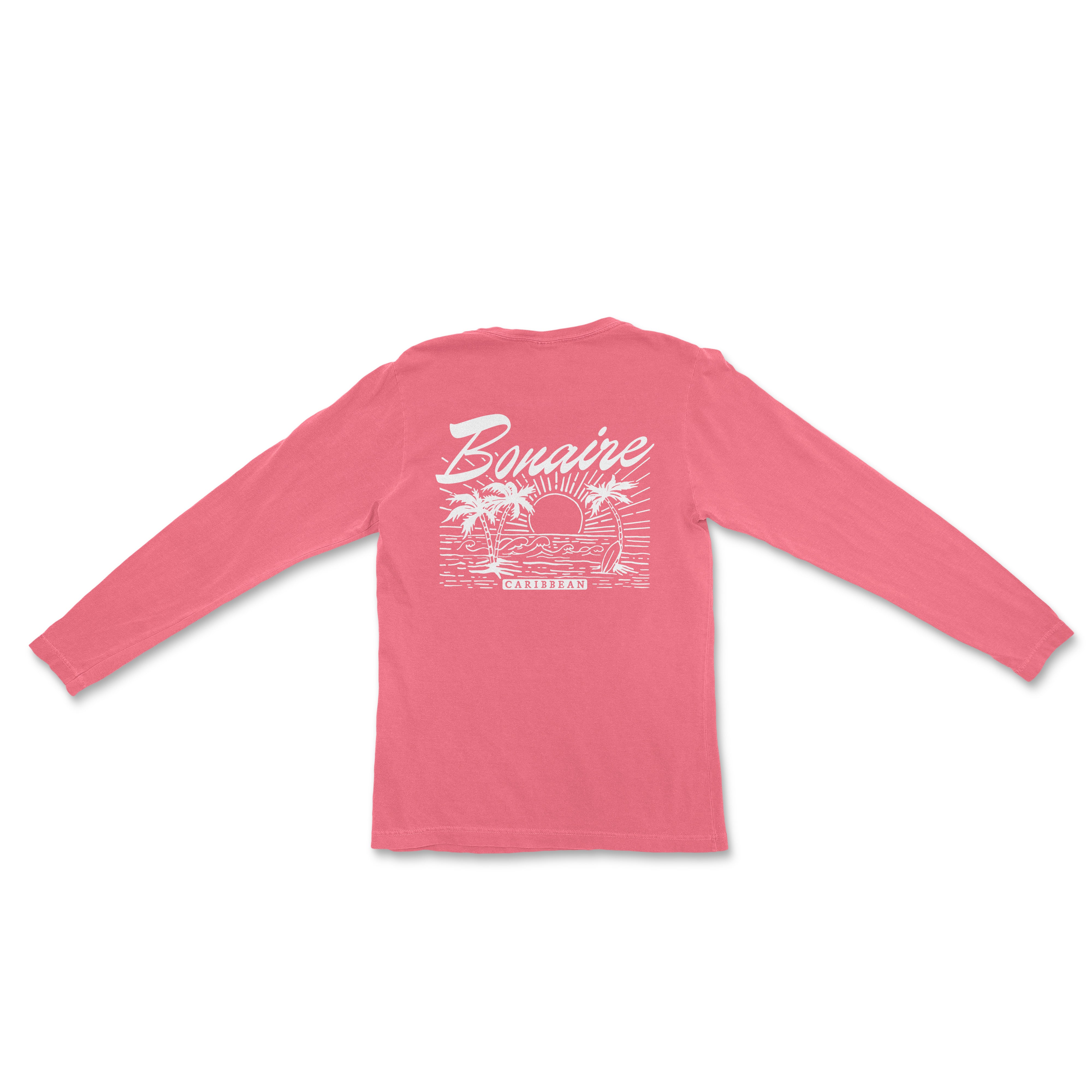 a pink long - sleeved shirt with a palm tree on it